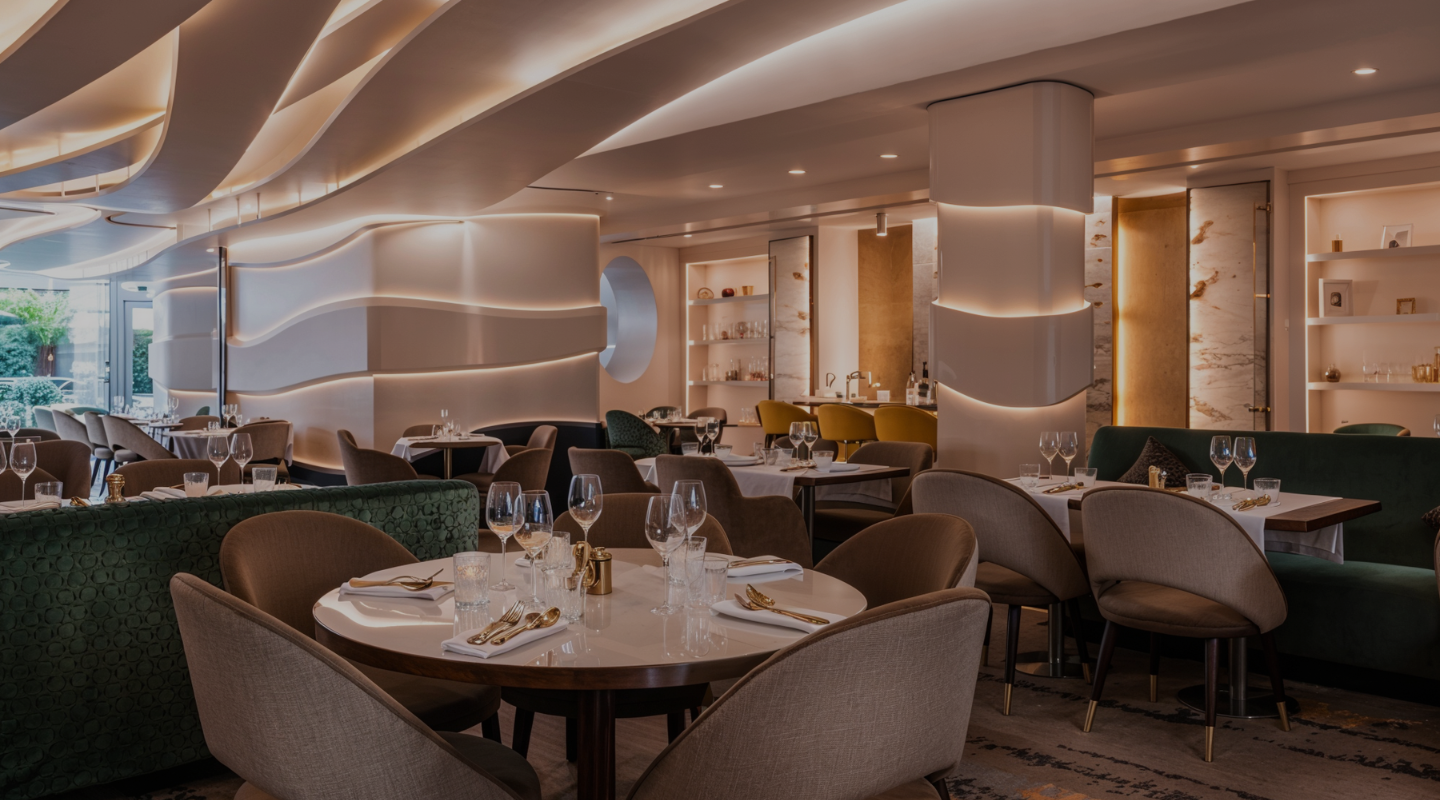 Table dressée dans un restaurant élégant, parfait pour un dîner romantique ou un repas d'affaires.