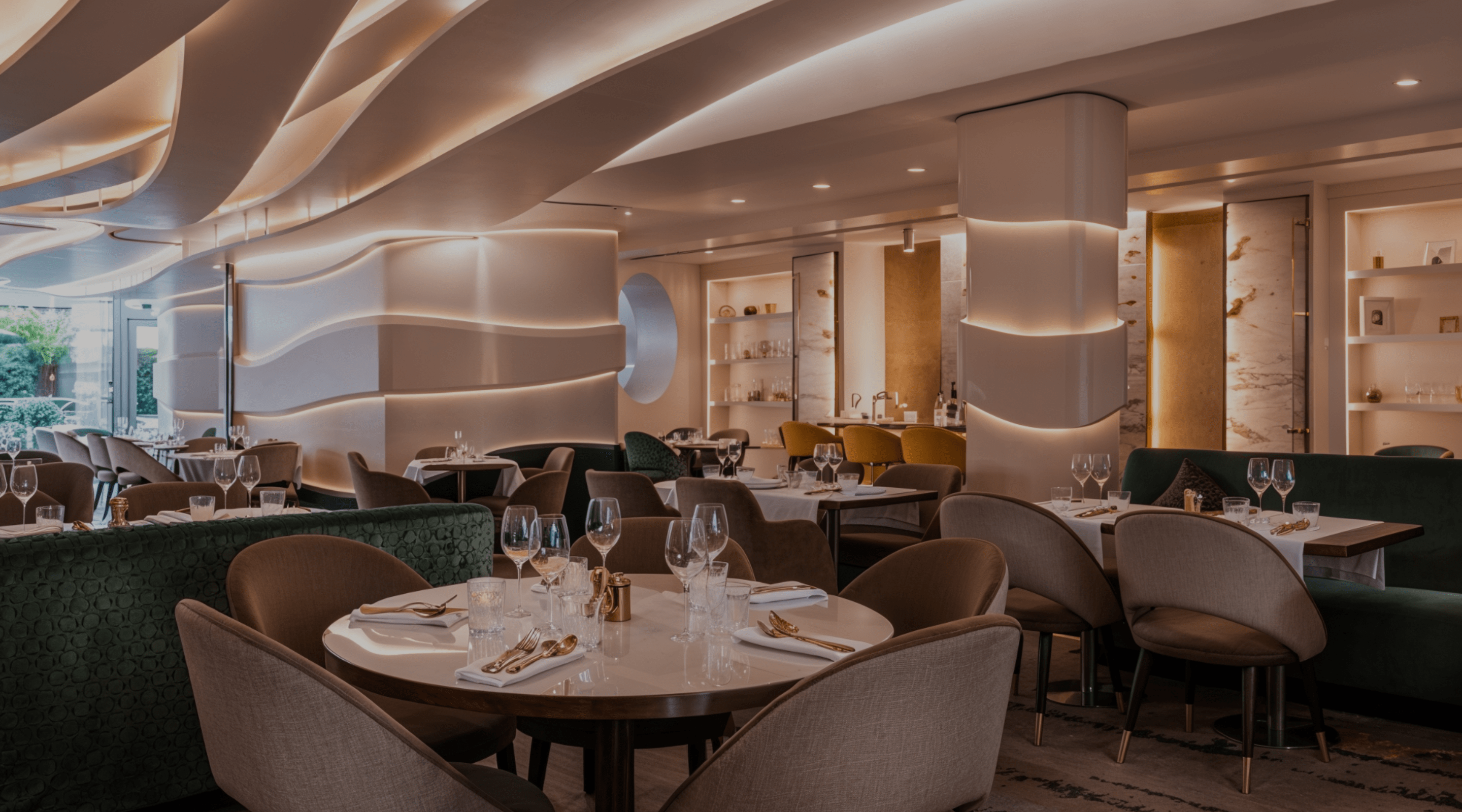 Table set in an elegant restaurant, perfect for a romantic dinner or a business meal.