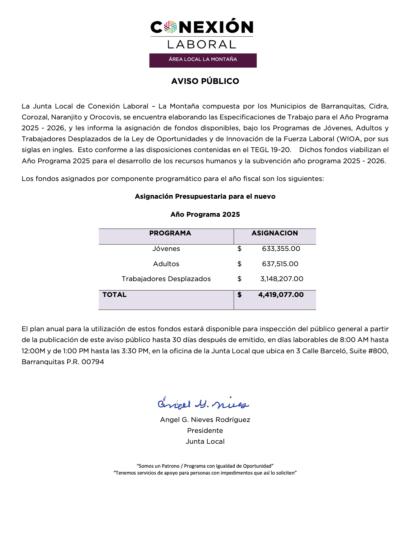 Aviso Público Disponibilidad de Fondos 2025-2026