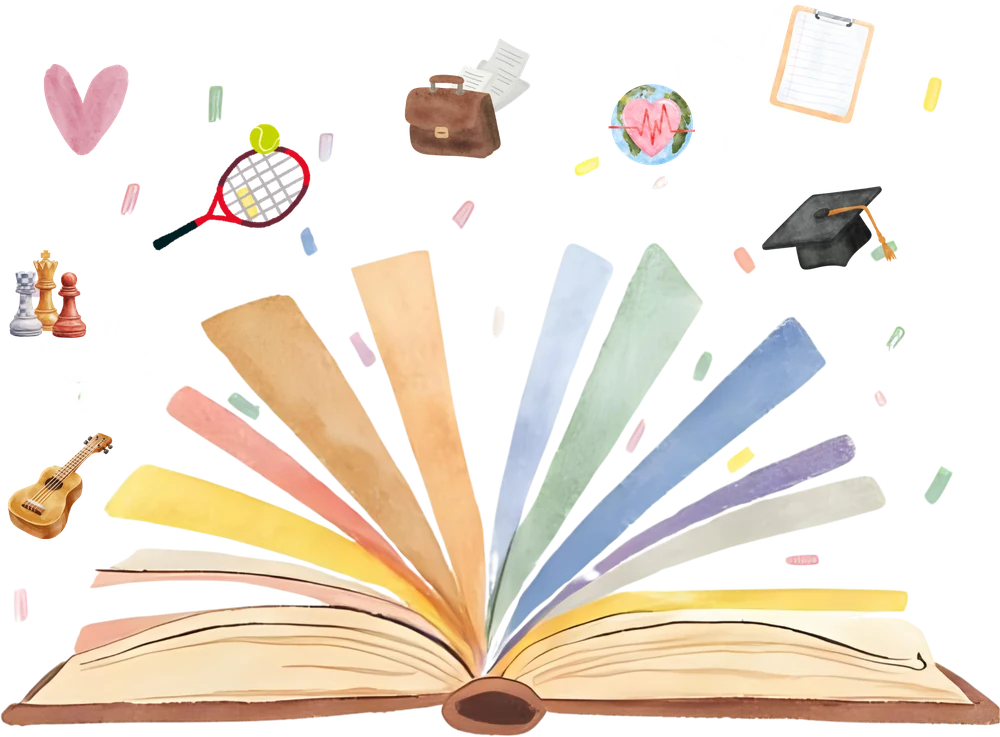 An open book with colorful pages fanning out, surrounded by a heart, a tennis racket, chess pieces, a ukulele, and a graduation cap