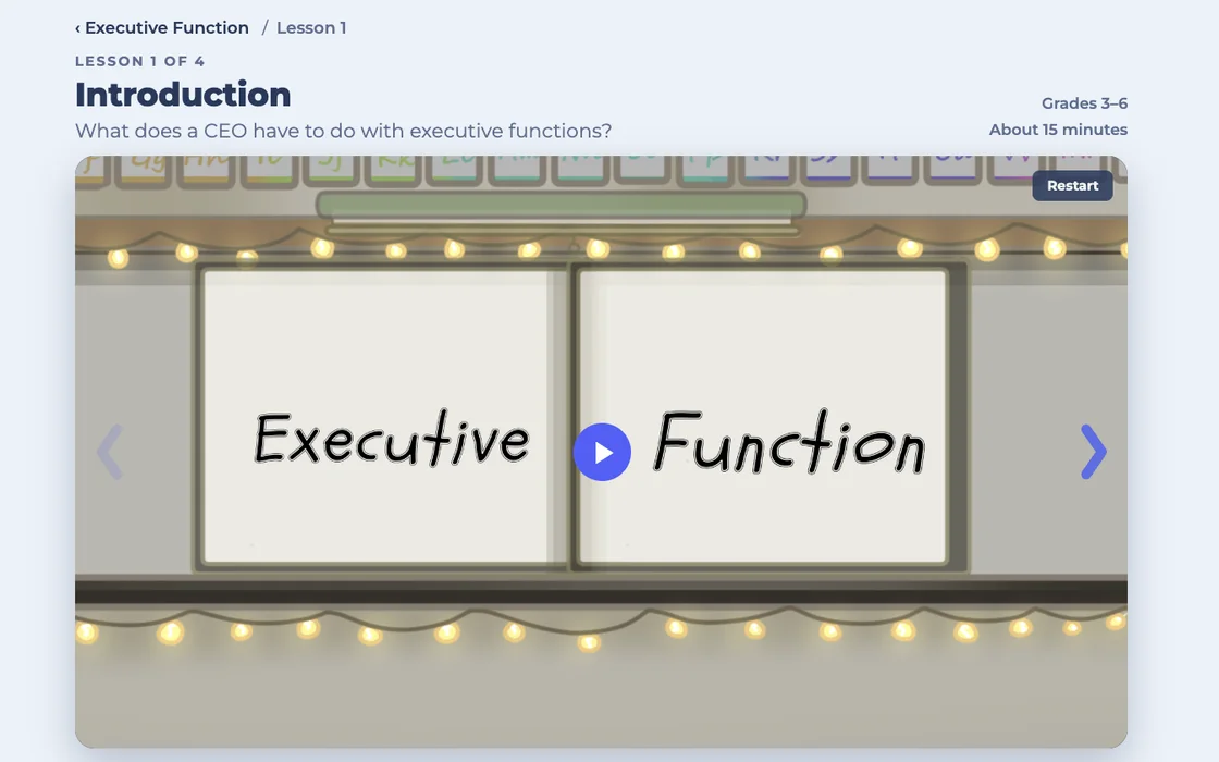 Lesson 1 of the Executive Function unit, with the video player ready to start