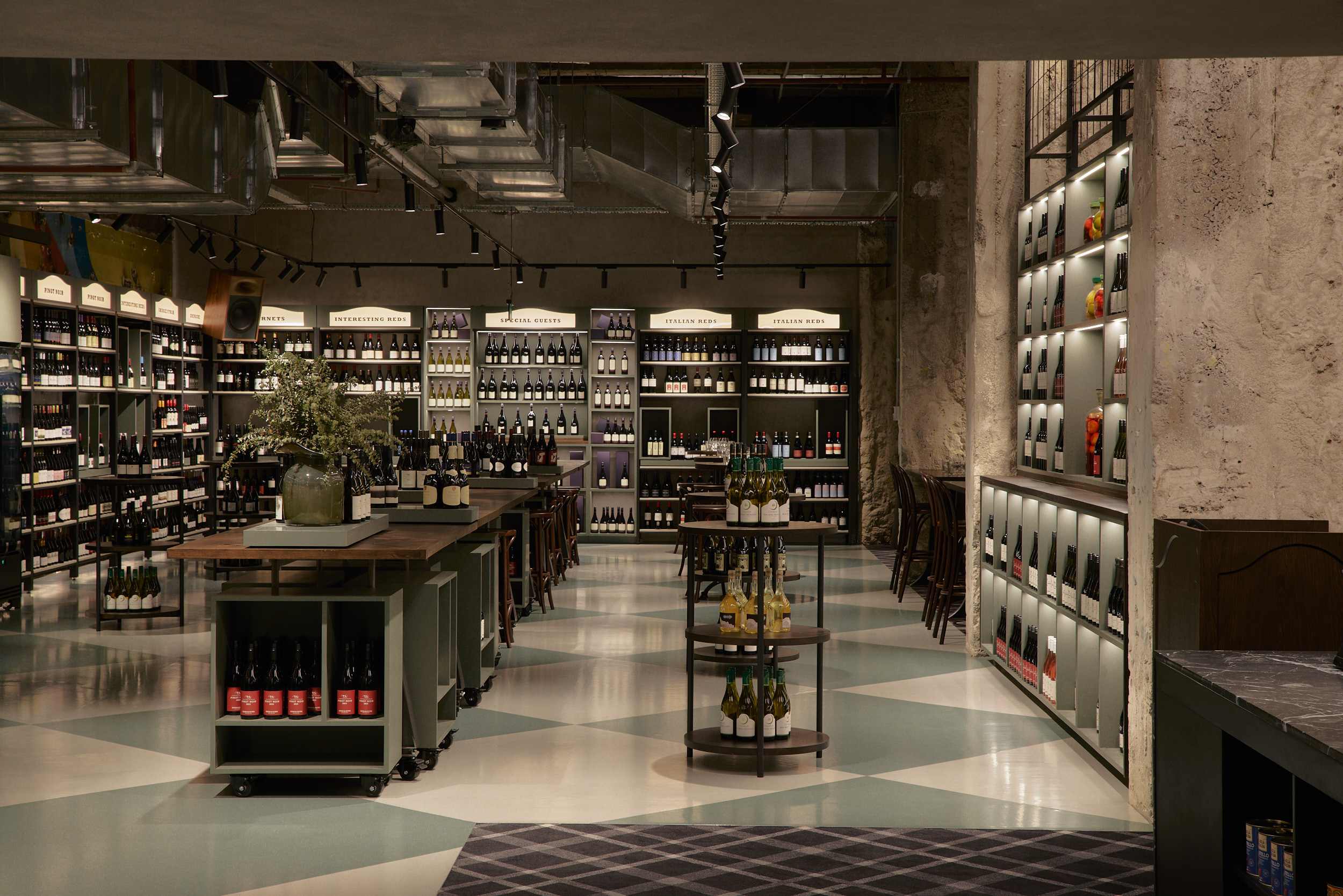 Cellar wine lighting drinks tiles tunnel stairs rails light Rodd and Gunn in Melbourne. Photo by Jake Roden.