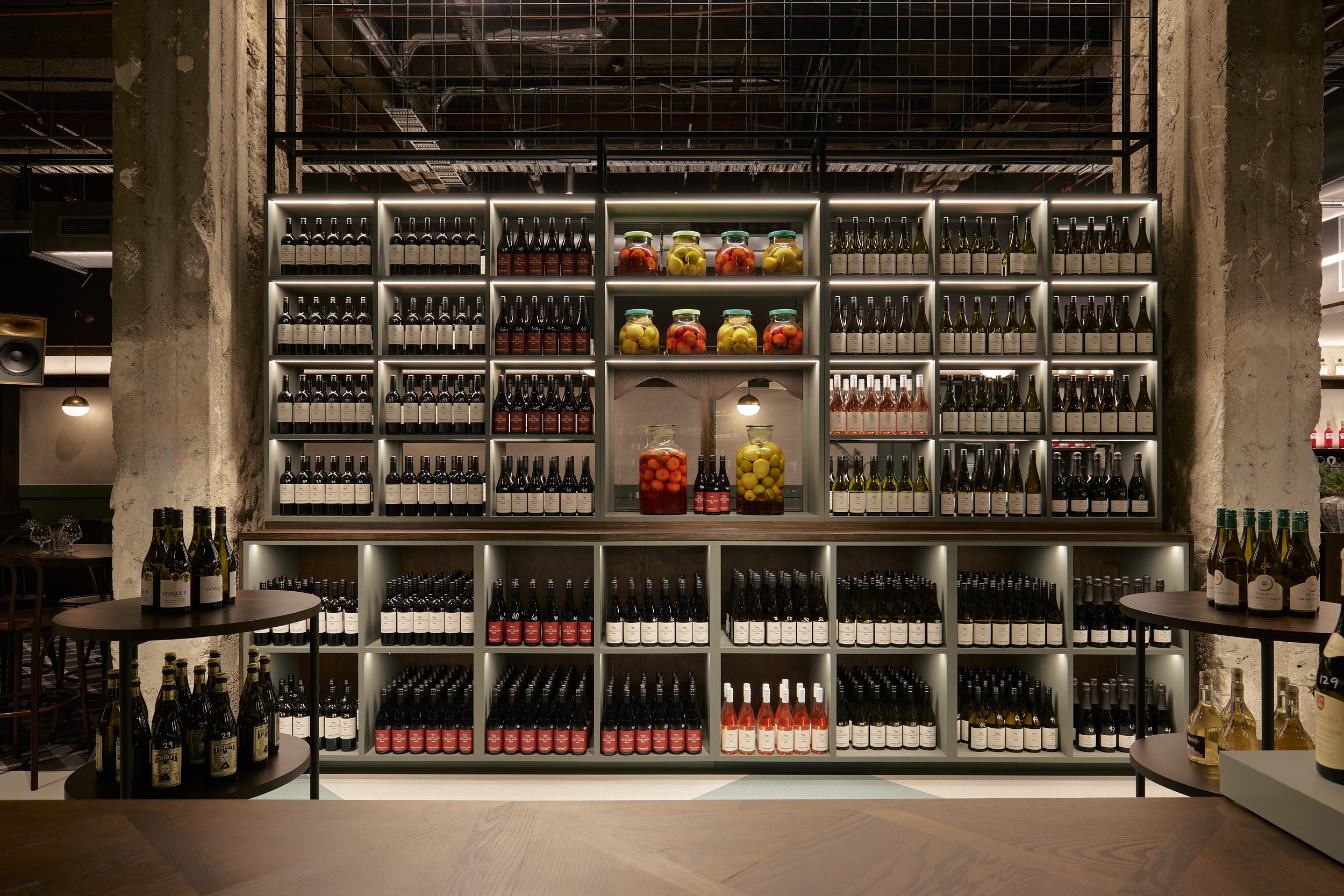 Wines Jars Shelving Light Rodd and Gunn in Melbourne. Photo by Jake Roden.