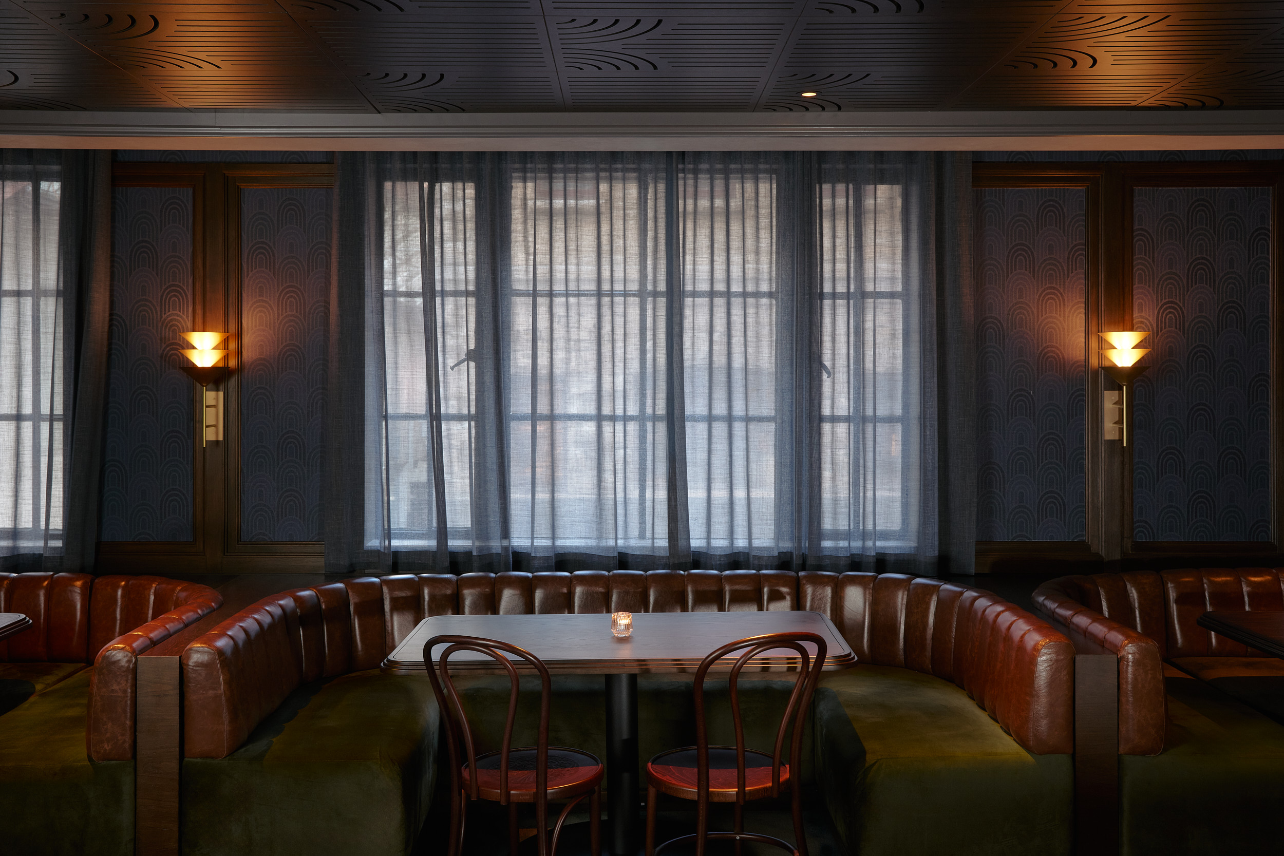 Booth Chairs Candle Light Curtain Window Rodd and Gunn in Melbourne. Photo by Jake Roden.