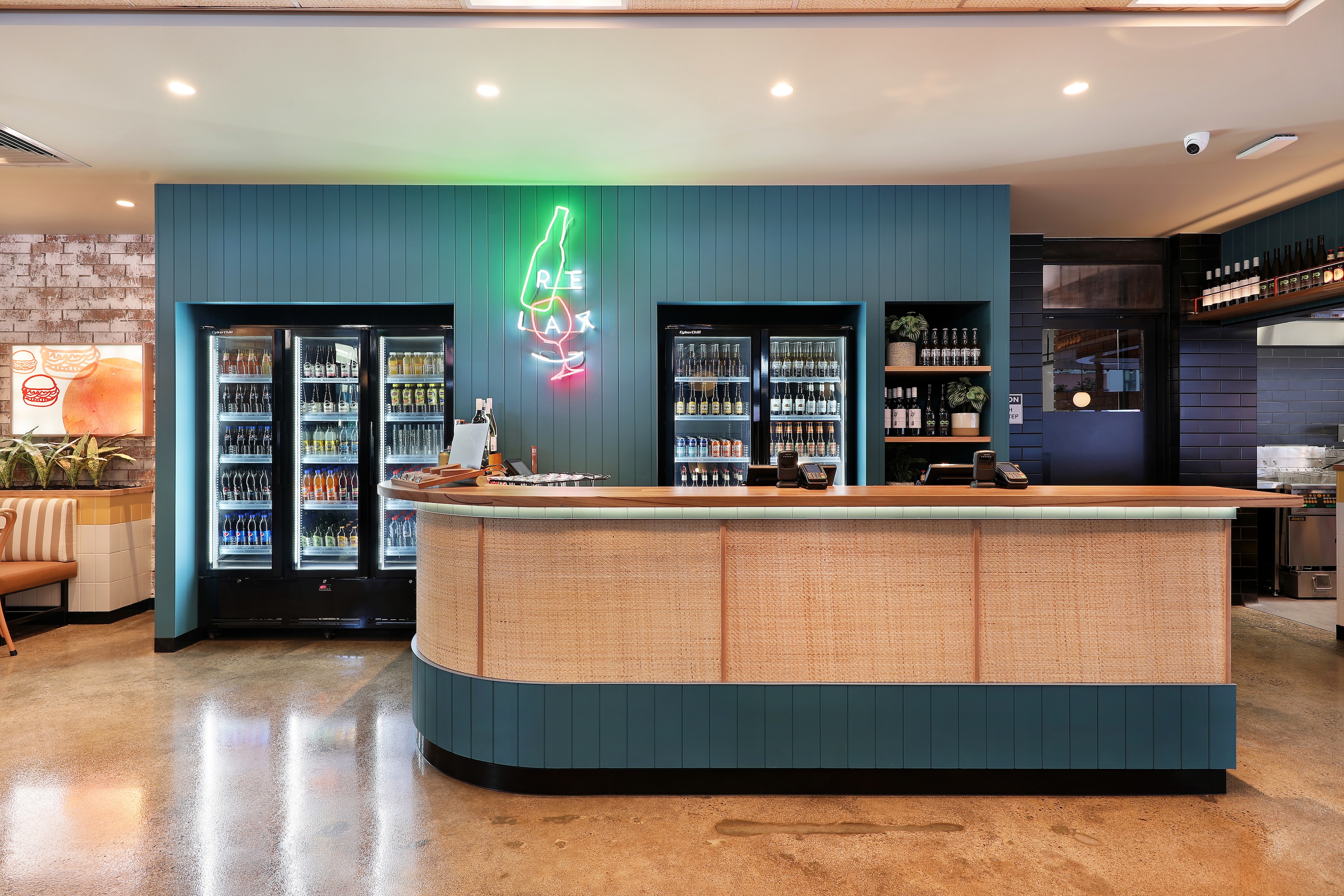 Timber Batten Wall Timber Front Service Desk Signage in Grilld. Photo by Michael Gazzola, Jake Roden.