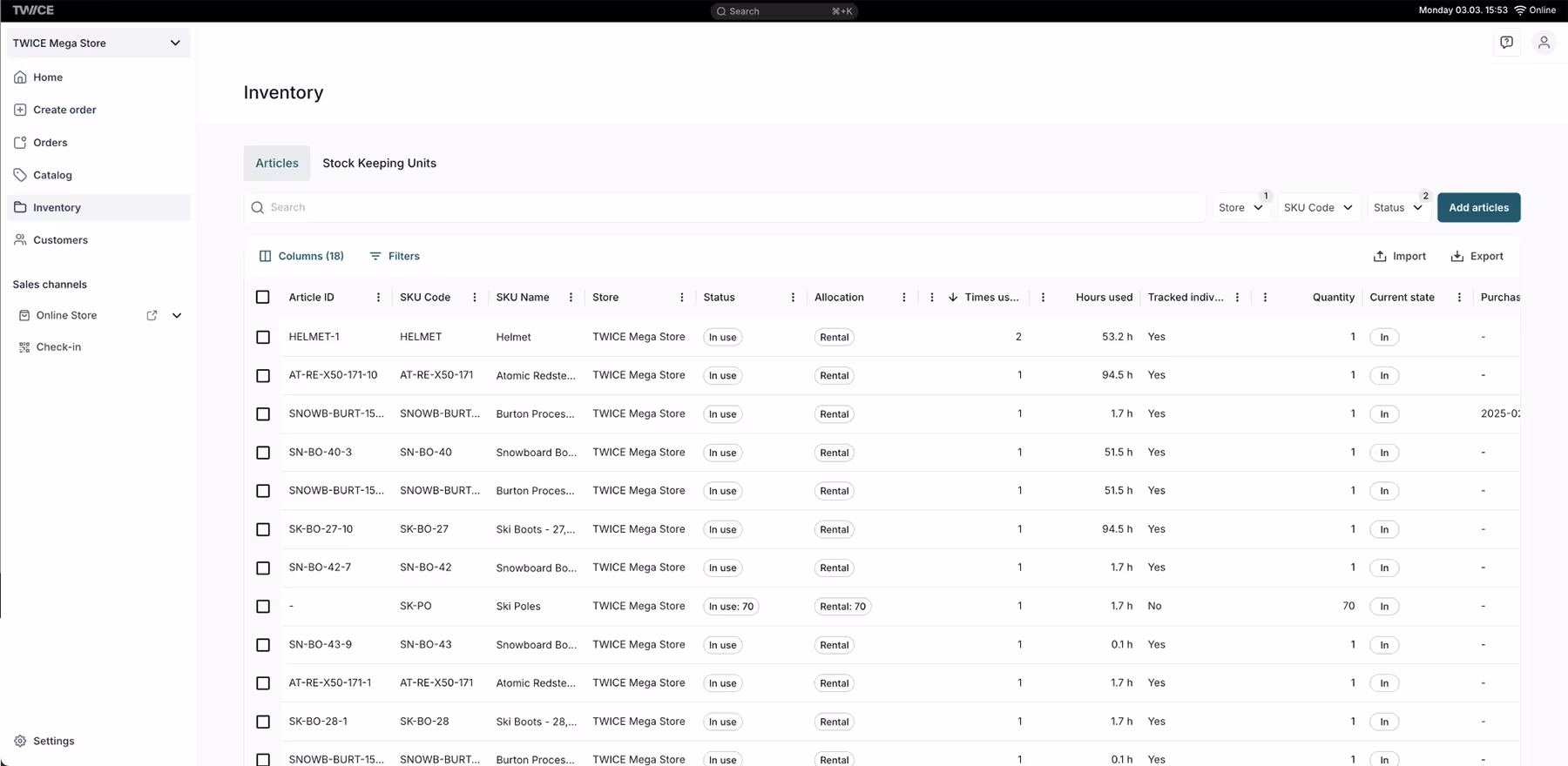 The Article's view in TWICE Commerce's inventory section shows a table of every unique item in your stock. Through this view users can make edits to the individual articles in their inventory.