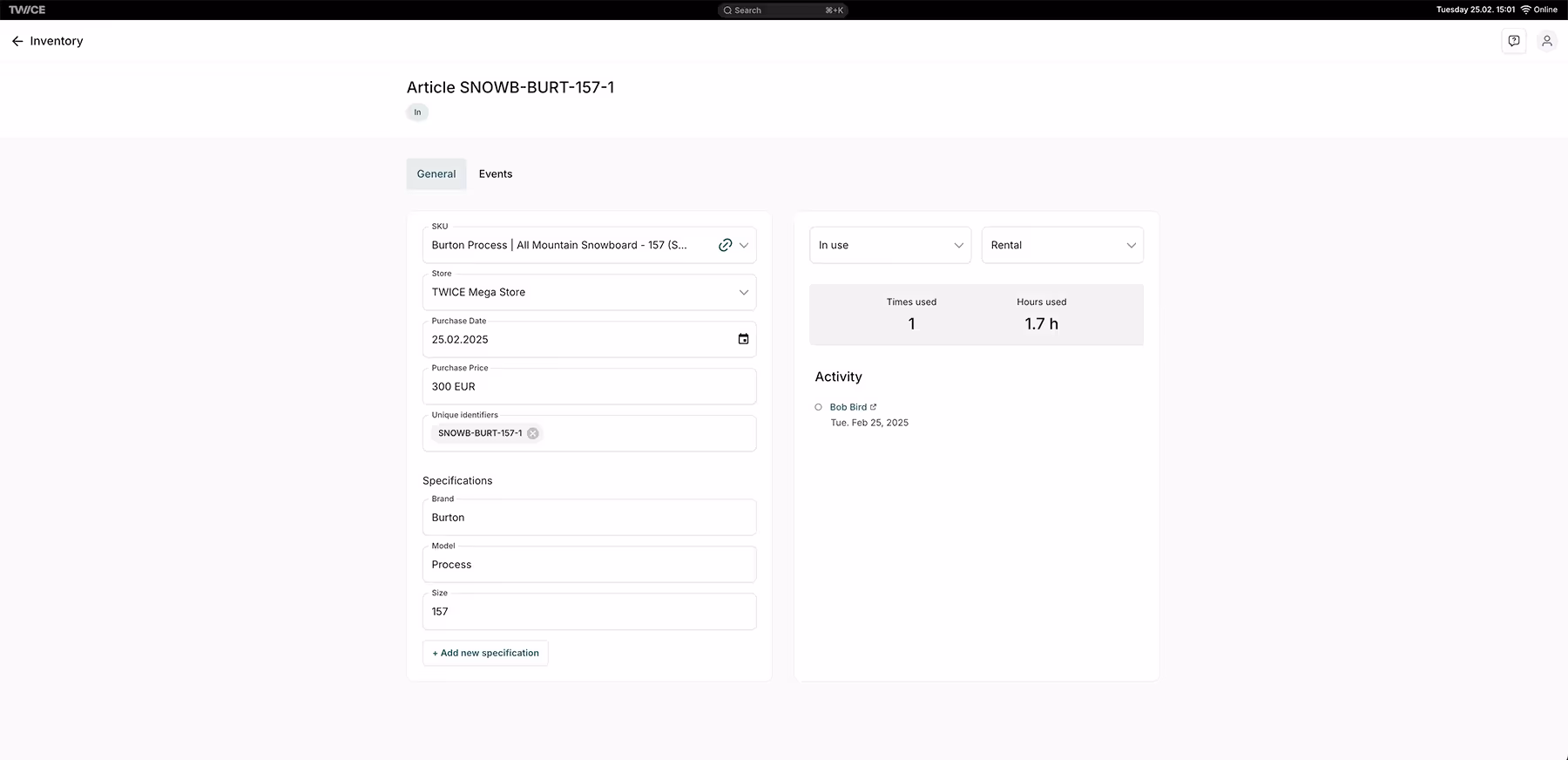 The single article page allows you to add information about each unique article in your fleet. You can also track the event and usage history of articles.