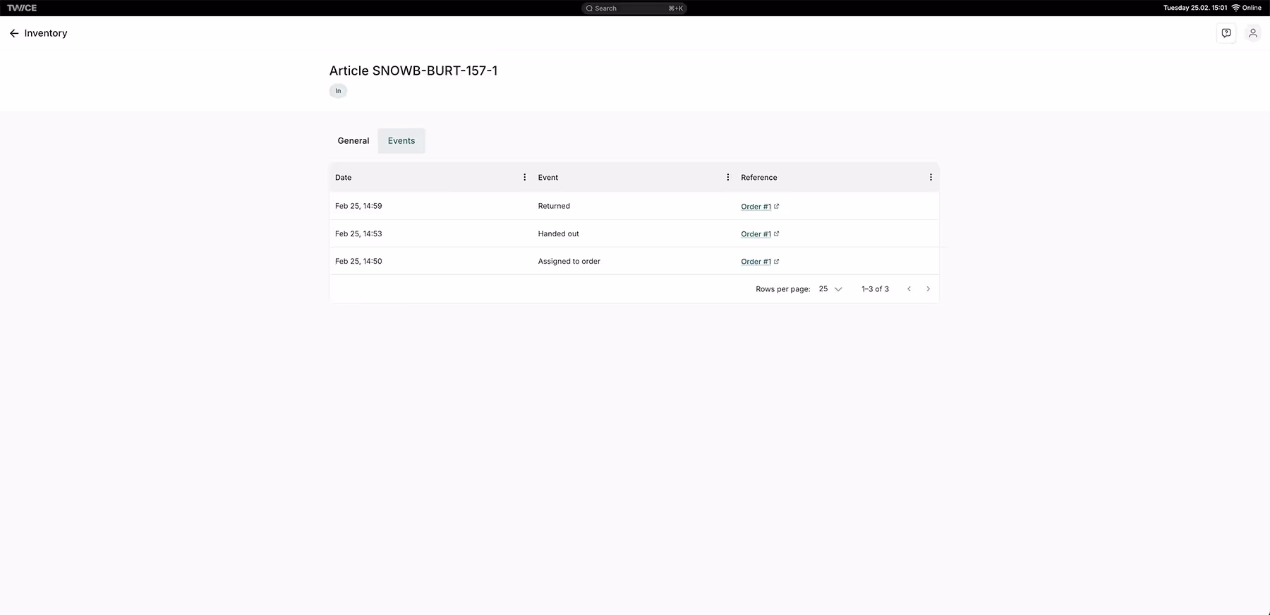 The article event log shows every transaction event of the article since it was added to your inventory.
