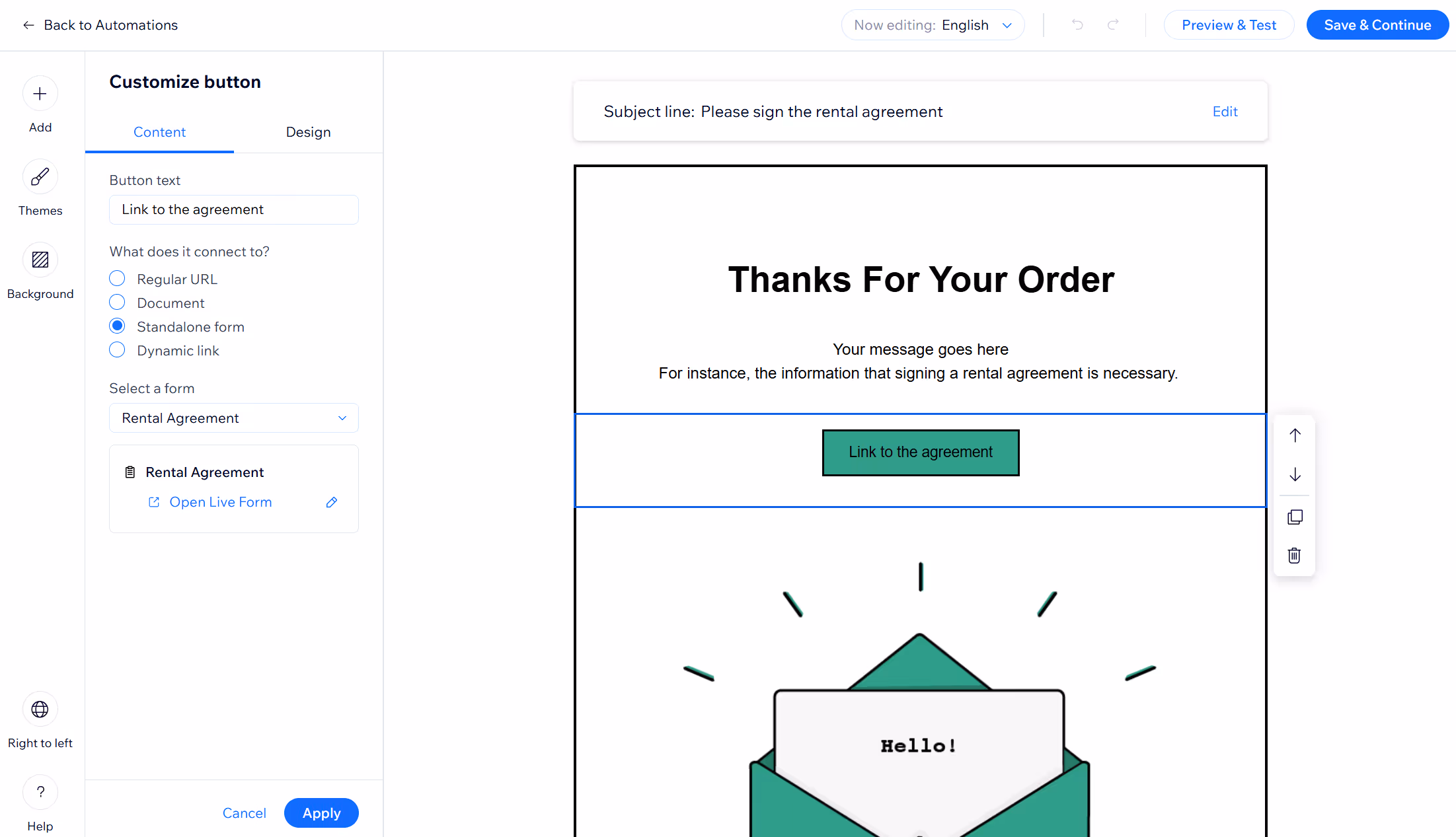 Email with button leading to the rental agreement form