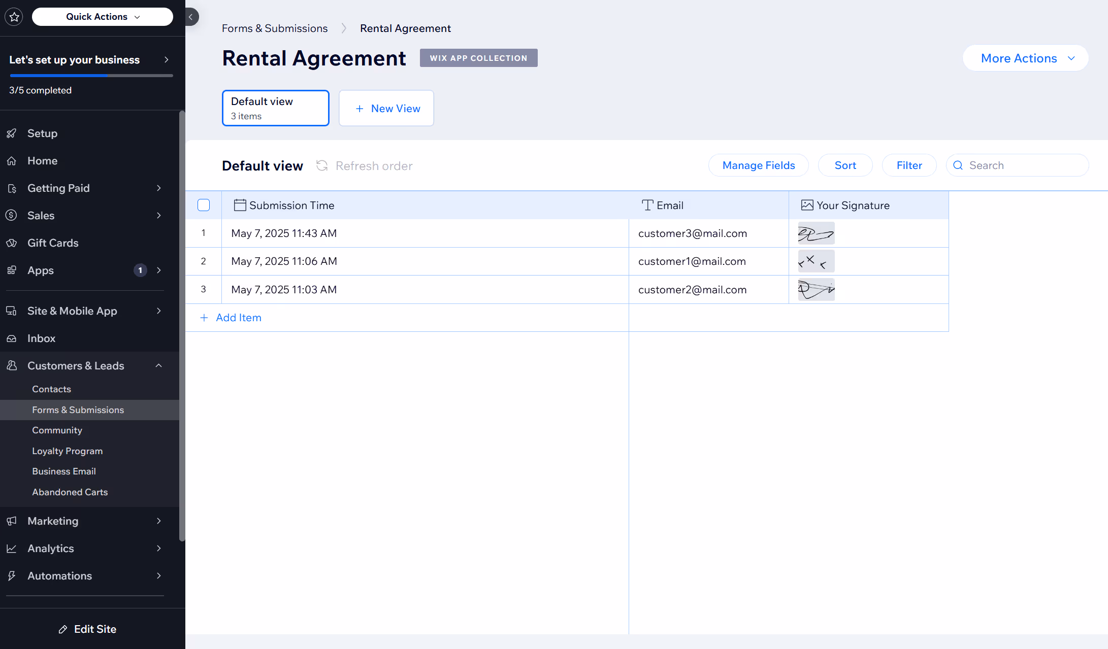 Submissions table showing signed waivers