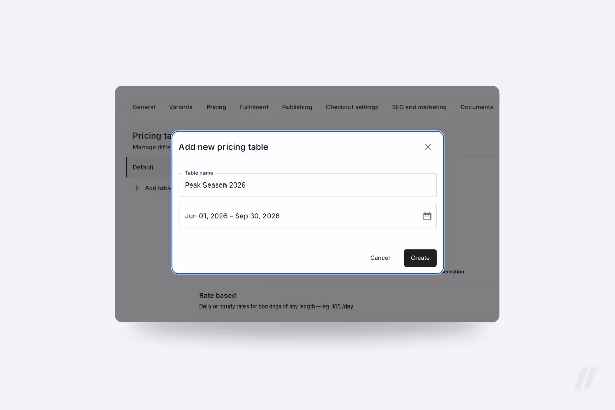 Dialog window for creating a new pricing table in TWICE, labeled “Peak Season 2026,” with active dates set from June 1 to September 30, 2026.