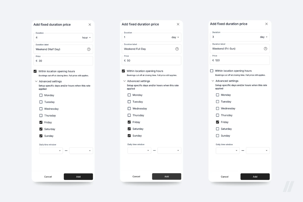 Interface in TWICE showing how to add fixed duration pricing for weekend rates with defined days and durations.