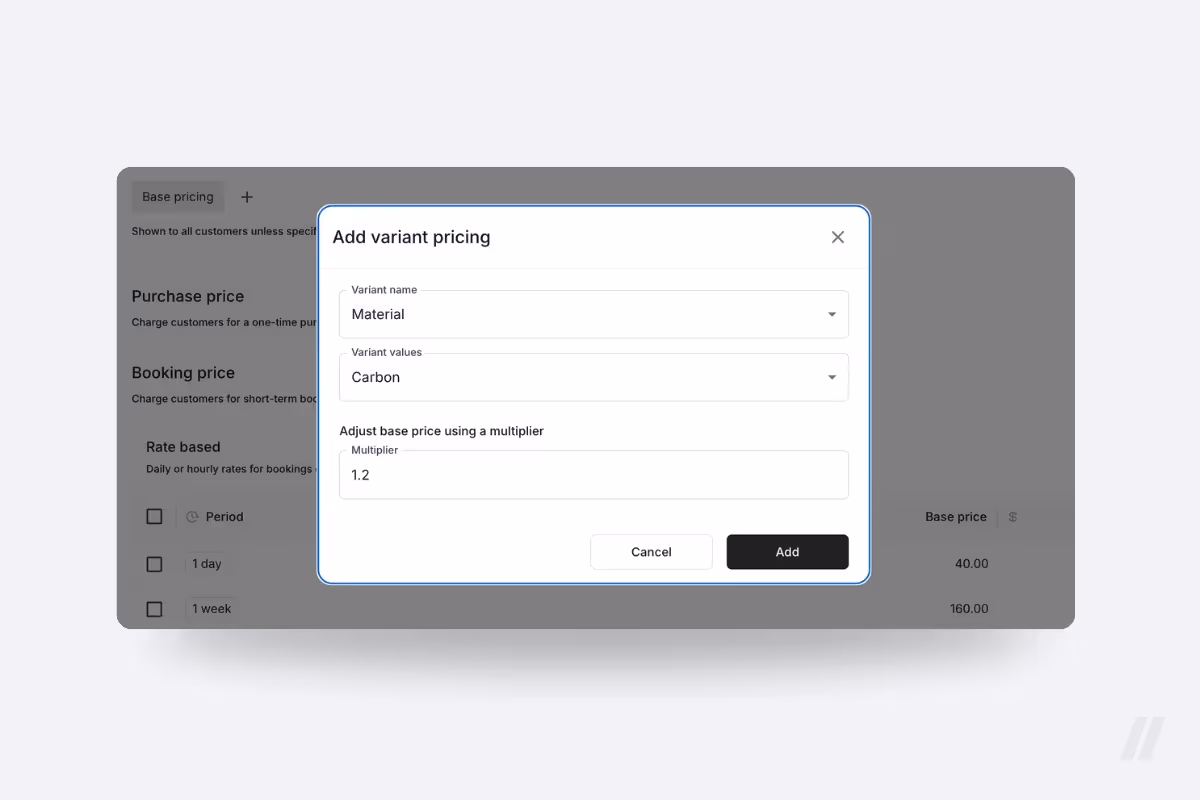Dialog box in TWICE for setting variant-based pricing with a 1.2× multiplier applied to a carbon-framed bike variant.