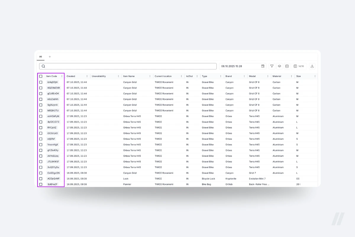 TWICE's inventory item database table. The image shows that each article has its unique identifier along with other stored item-level data.
