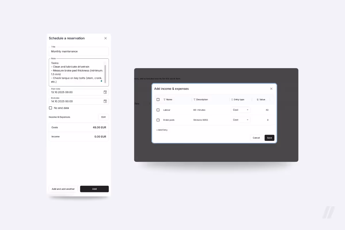 TWICE Commerce interface for scheduling maintenance events and logging associated labor, part, and other costs.