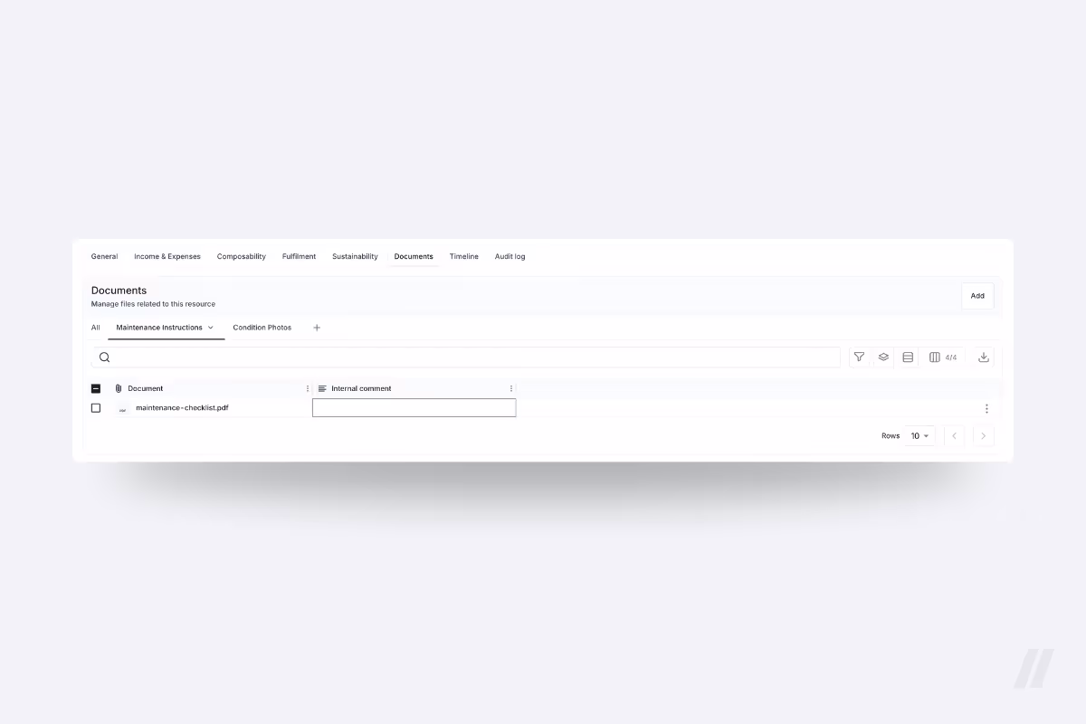 Item page in TWICE Commerce showing document storage with attached maintenance documents such as inspection checklists and condition photos.