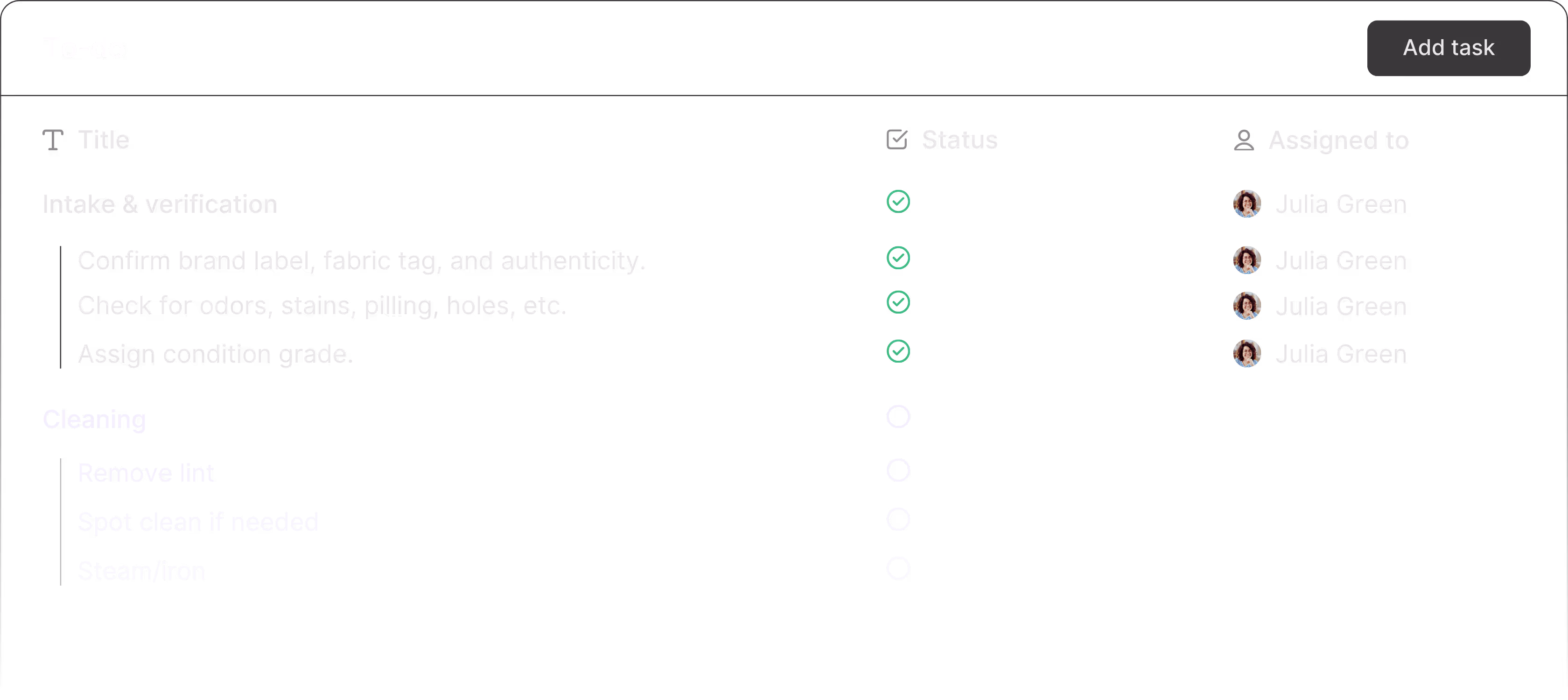 In the image is a styled and simplified version of TWICE Commerce's task management interface. The table includes example inputs related to the inspection and cleaning process of secondhand clothing.