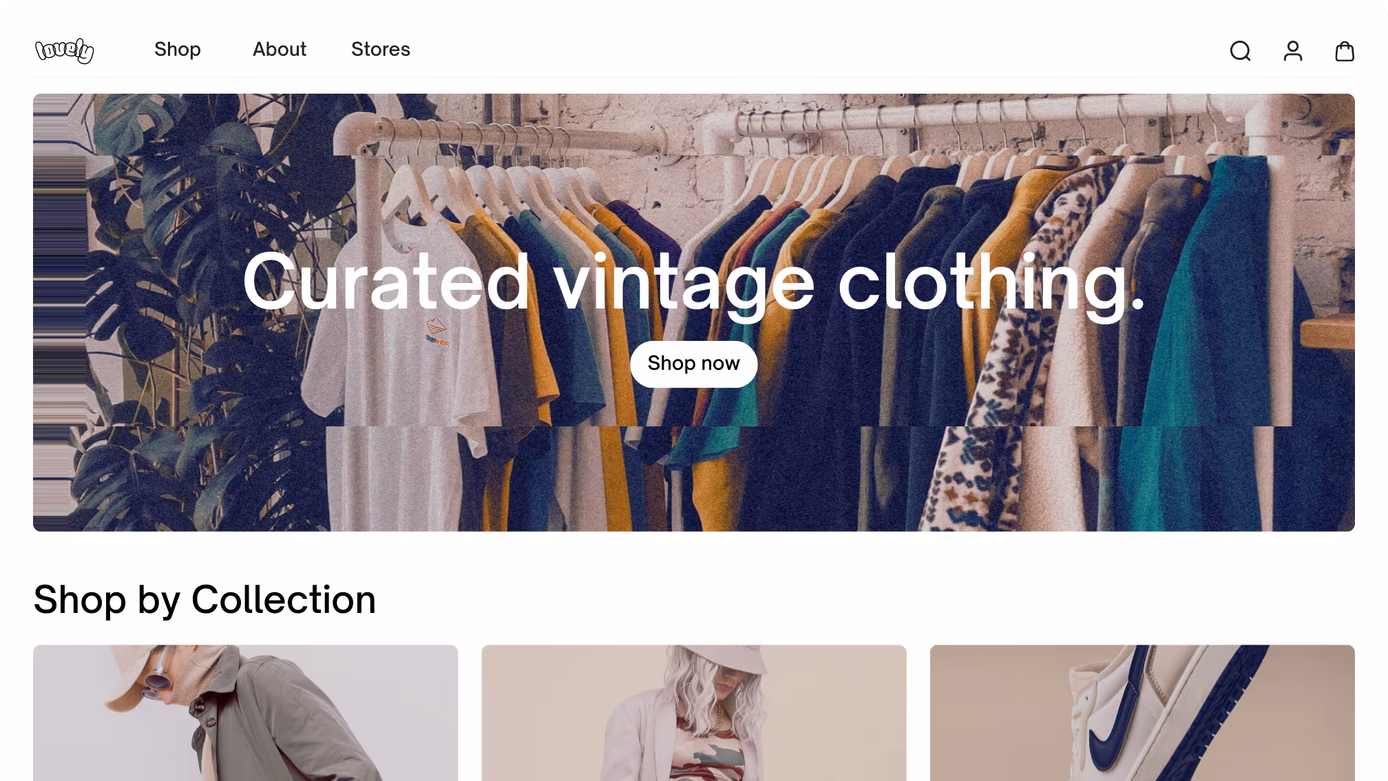 The image represents an example of a TWICE's built-in website, customized for a secondhand clothing store.