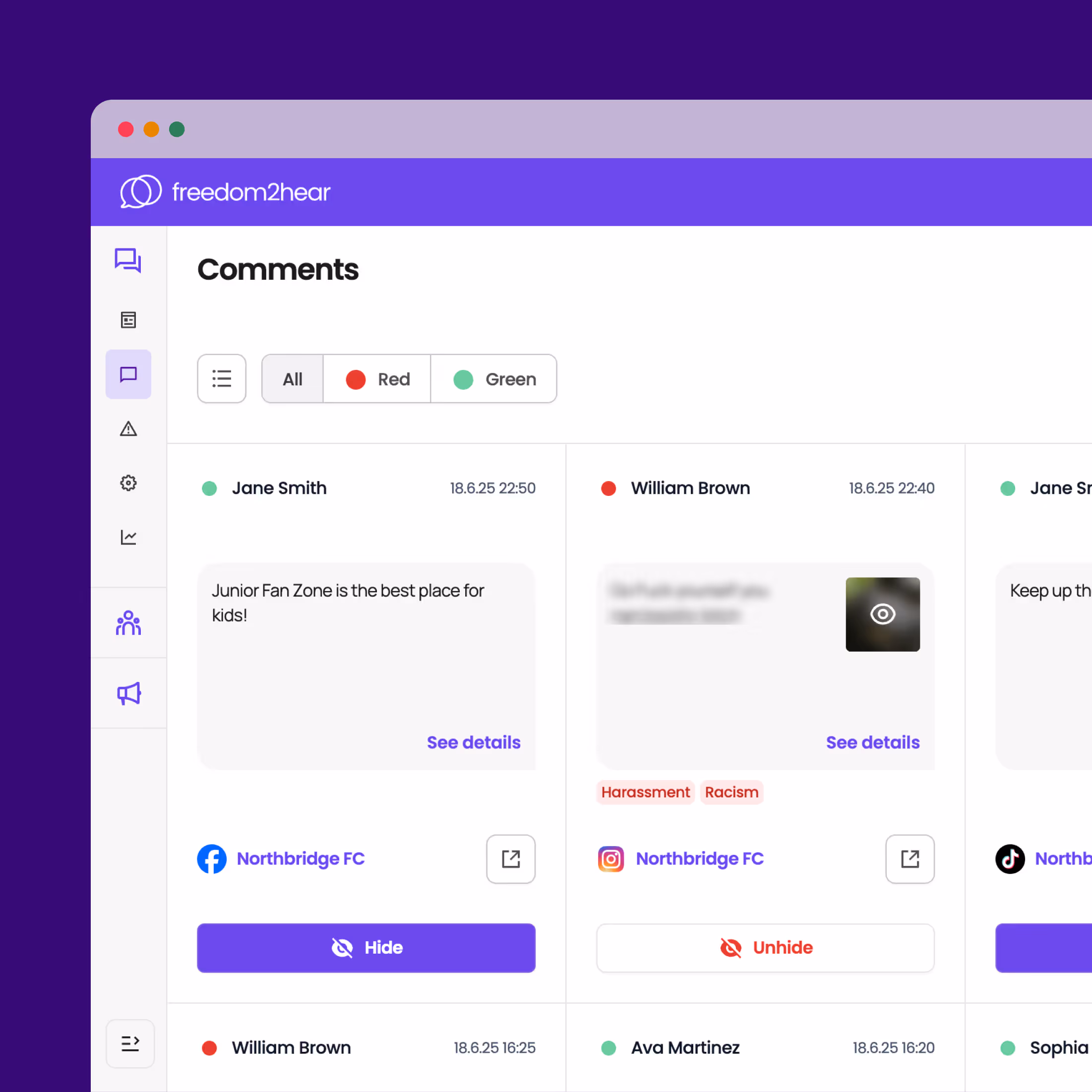 Comments dashboard from Freedom2hear with user comments filtered by all, red, and green labels, showing details and options to hide or unhide comments.
