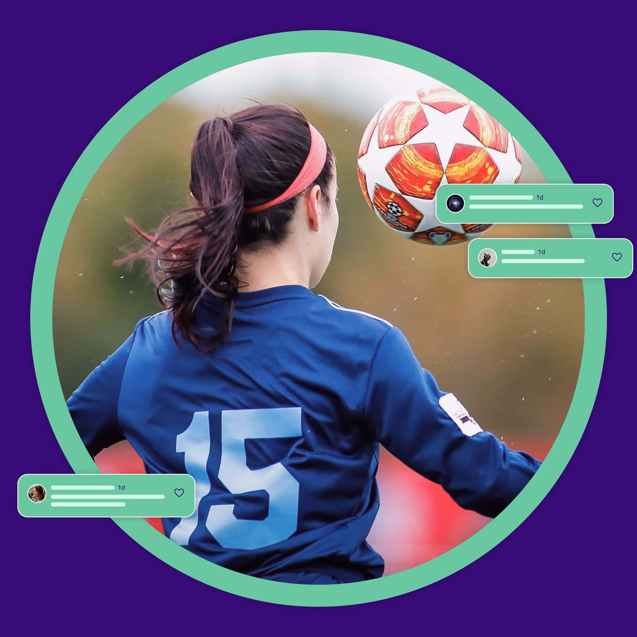 Female soccer player wearing number 15 jersey heading a soccer ball.