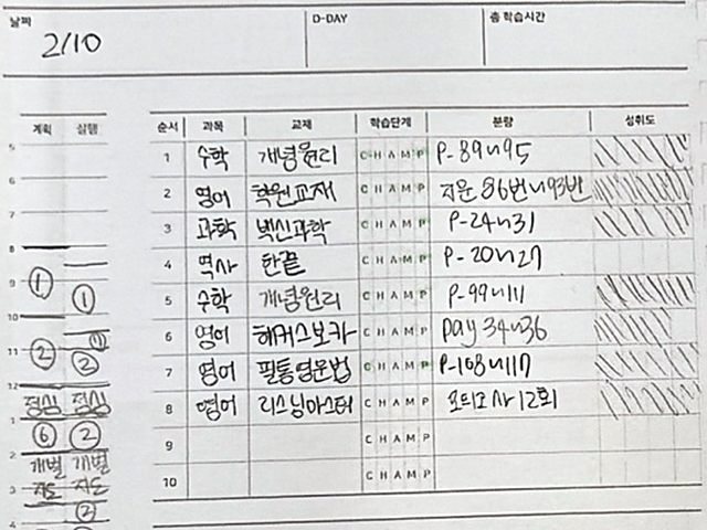 2월 10일 일간 플래너. 수학, 영어, 과학, 역사 교재와 분량, 성취도를 적었다