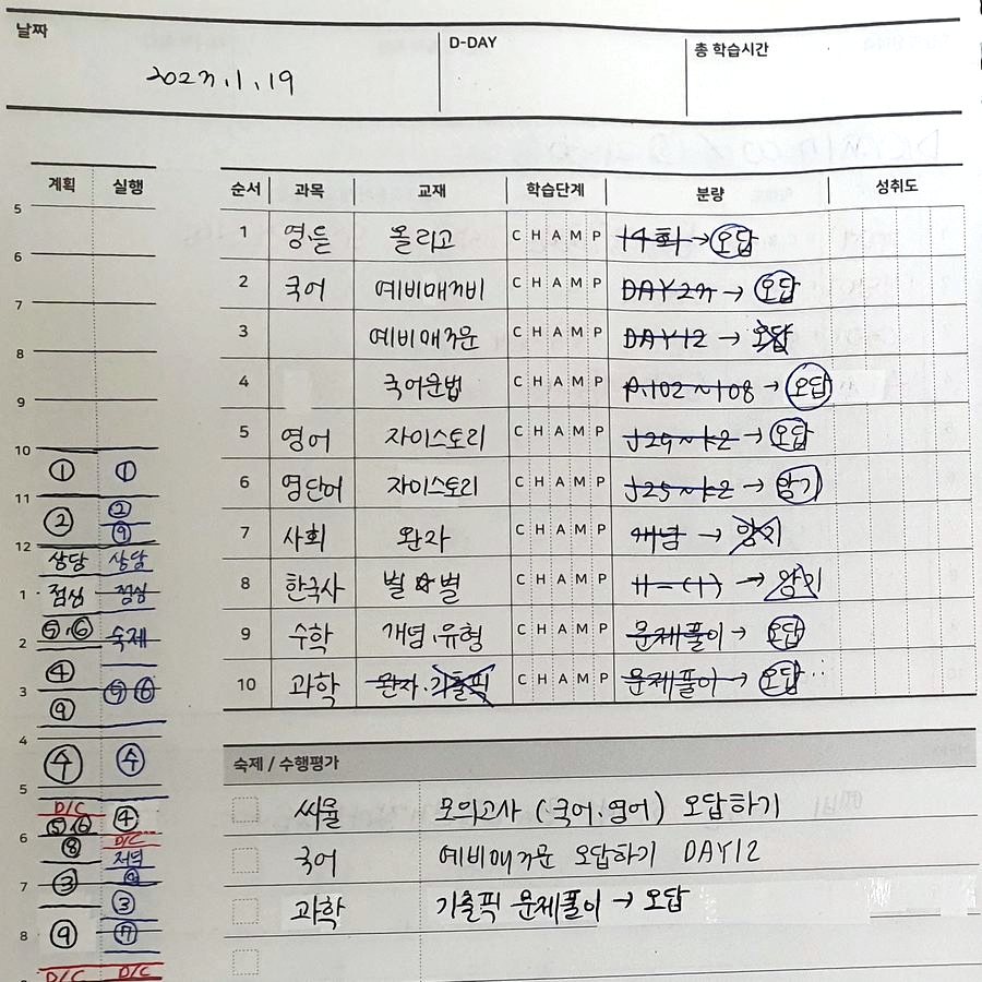 1월 19일 일간 플래너. 과목별 교재와 분량을 적고, 끝낸 공부는 줄을 긋고 오답과 암기 표시를 했다