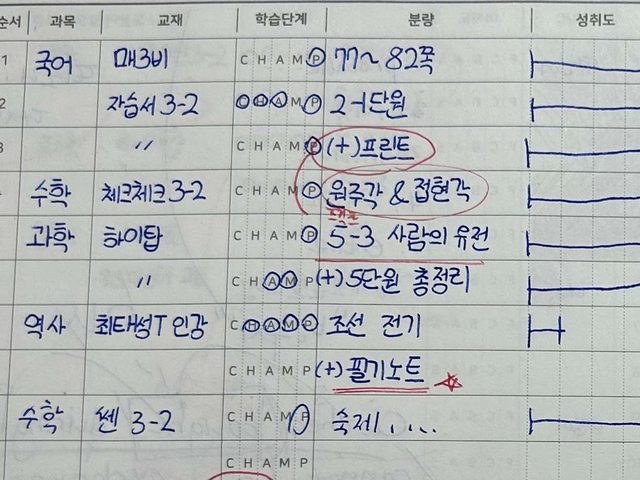 국어, 수학, 과학, 역사 계획과 매니저의 확인 표시가 있는 일간 플래너