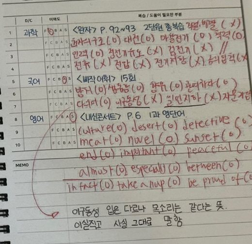플래너의 학습 점검 면. 과목별로 개념마다 O, X가 표시되어 있다