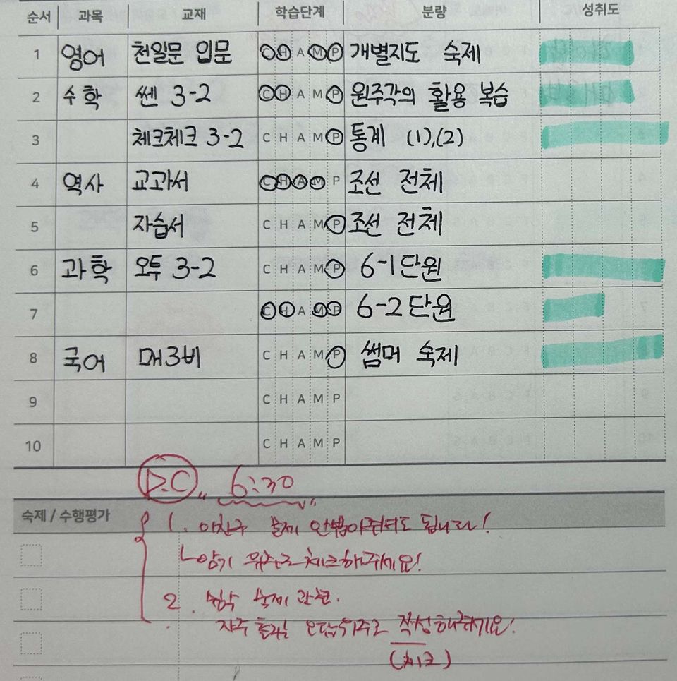 학생이 쓴 일간 플래너 아래에 매니저가 빨간 펜으로 피드백과 학습 점검 시간을 적어 둔 모습