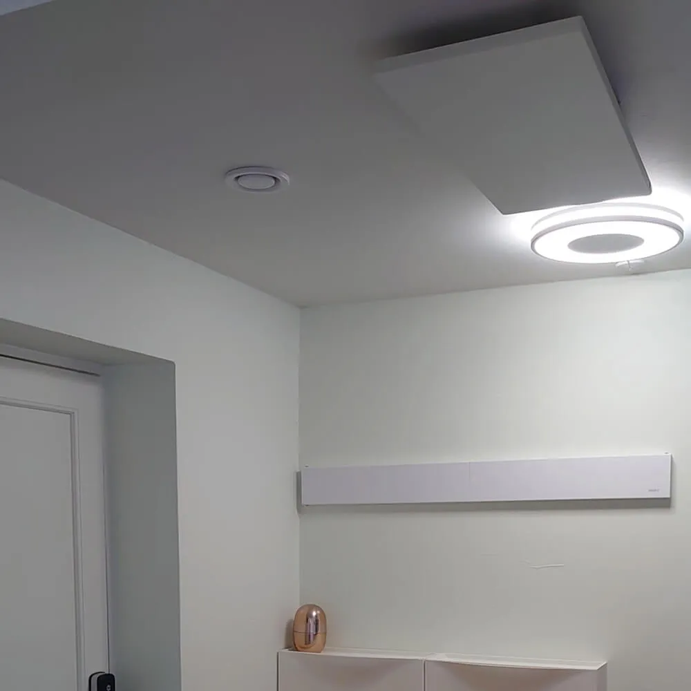 Hvidt vægpanel monteret på hvid væg i et rum med loftlampe og dør.