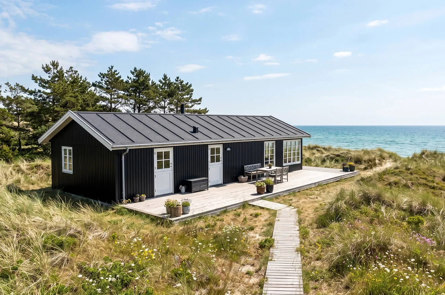 Sort sommerhus i klitlandskab ved havet med træterrasse, havudsigt og blomsterkrukker.