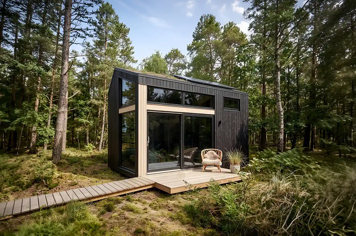 Moderne sort træhytte med glasdør og terrasse i en grønt skovområde under blå himmel.