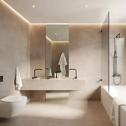 Moderne badeværelse med dobbeltsænke, væghængt toilet og brusebad med glasvæg.