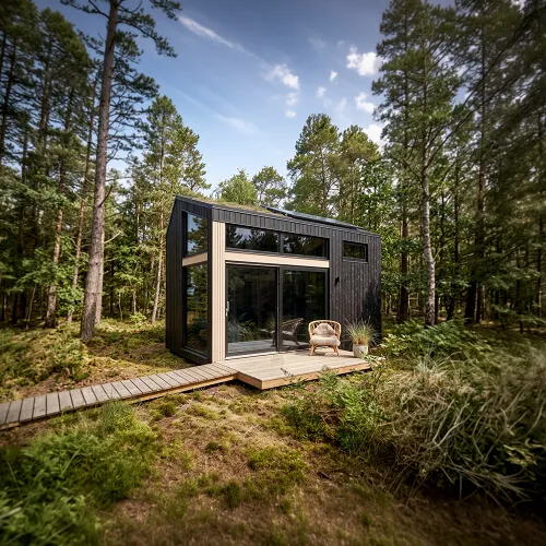 Moderne tiny house med store vinduer i skov omgivet af grønne træer og græs.