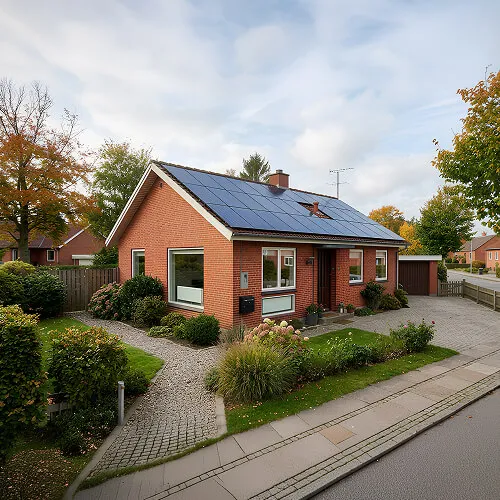 Rød murstenshus med solpaneler på taget og velplejet have i et roligt boligområde.