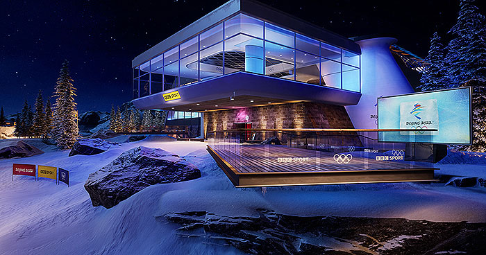 A view of the virtual set we designed for BBC's Winter Olympics coverage in 2022. The design featured multiple presentation spaces, in and outside the virtual  building. This view shows the studio building stood in a snow covered landscape. The presenter would stand on the platform shown projecting into into the foreground.