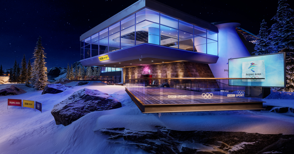 A view of the virtual set we designed for BBC's Winter Olympics coverage in 2022. The design featured multiple presentation spaces, bith in and outside the virtual  building. This view shows the studio building stood in a snow covered landscape. The presenter would stand on the platform shown projecting into into the foreground.