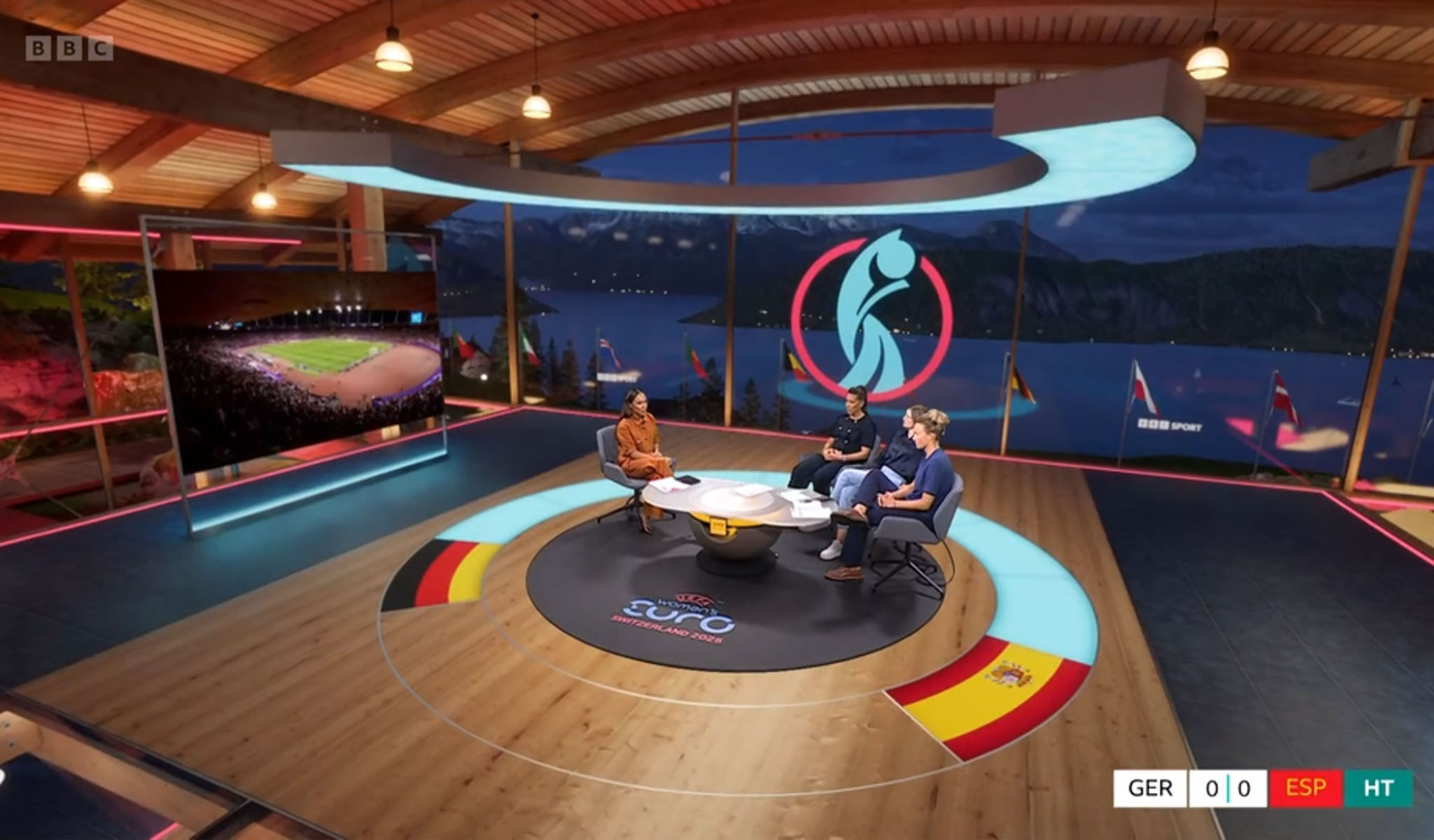 BBC Sports studio with four hosts discussing UEFA Women's Euro 2022, showing score GER 0 ESP 0 at halftime.