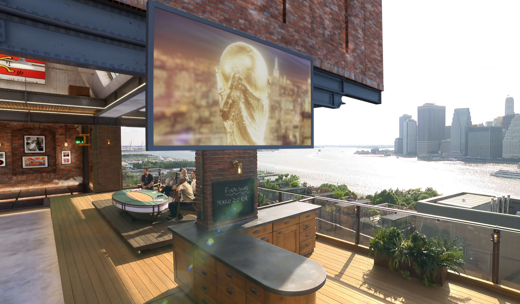 Modern rooftop bar with a large screen showing a trophy and city skyline visible across the water.