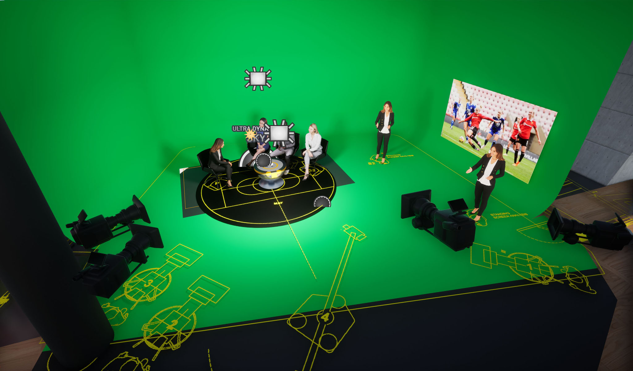 Virtual studio with green screens, cameras, and avatars of people seated and standing for a broadcast.