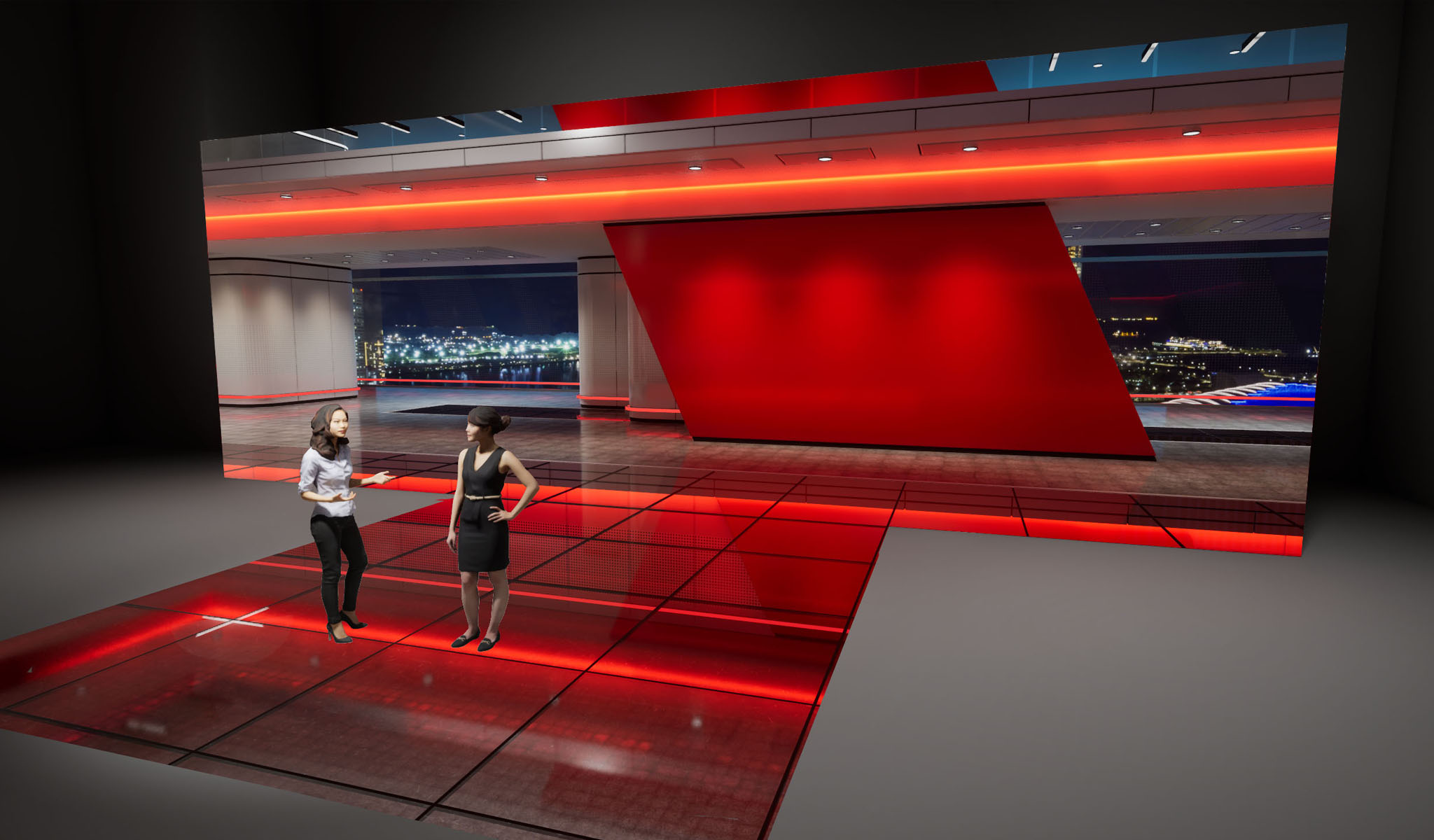 Two women talking on a glowing red-lit glass floor inside a modern building at night.