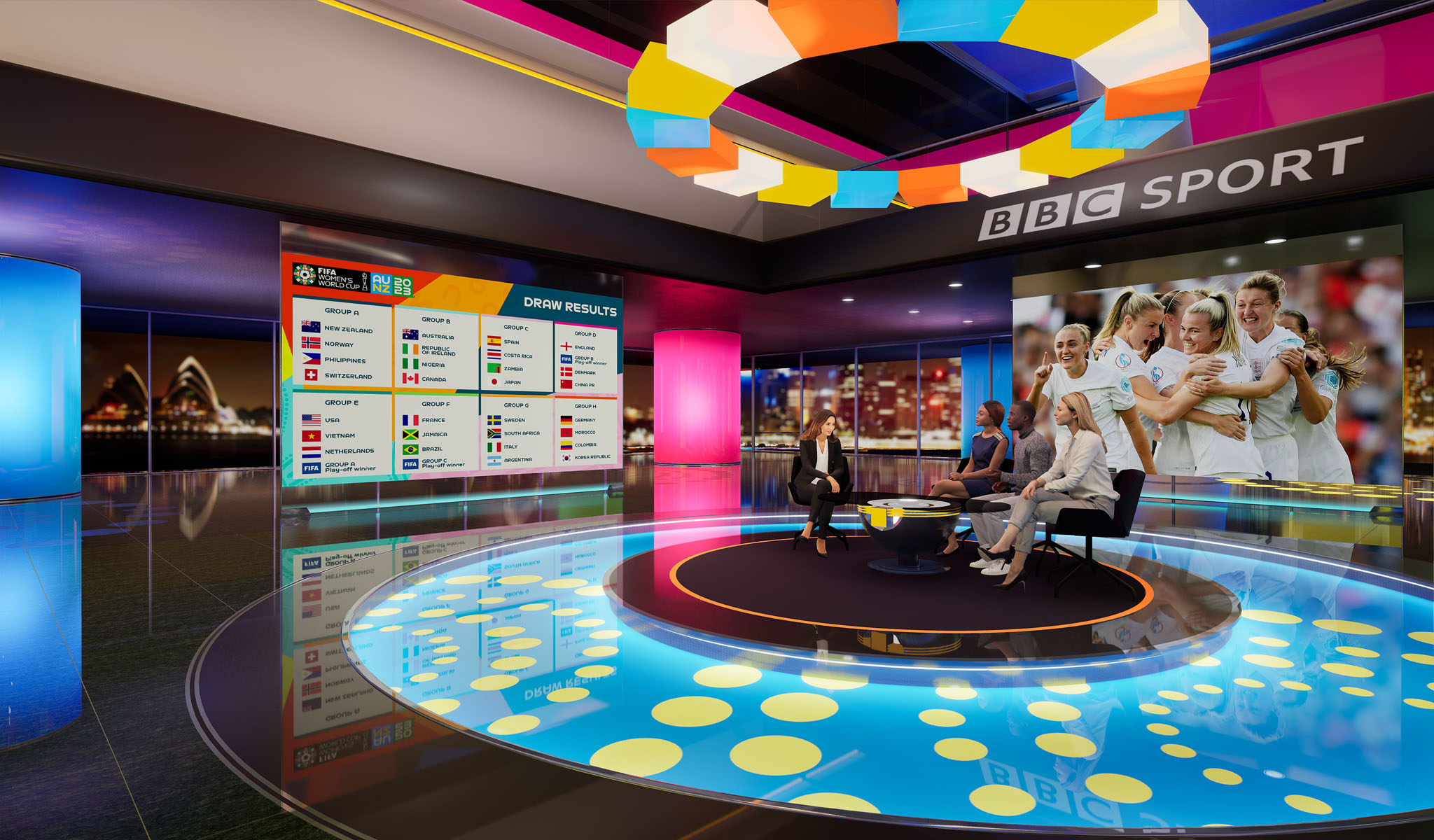 BBC Sport studio with four presenters discussing the FIFA Women’s World Cup 2023 draw results displayed on screens.