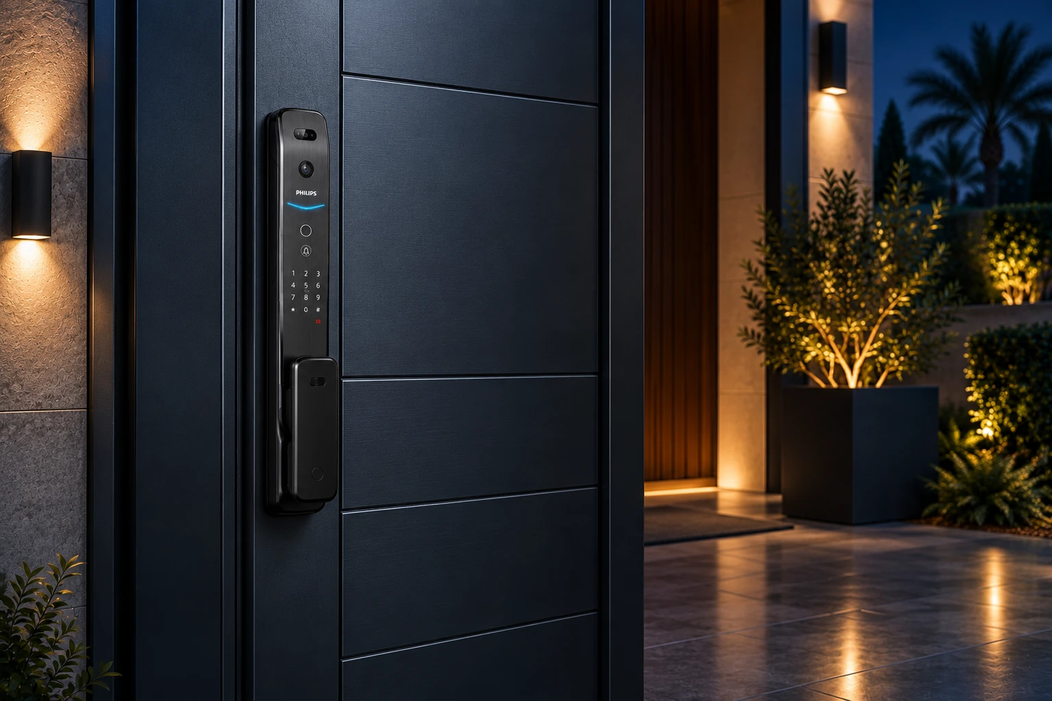 Philips DDL709 professionally mounted at the edge of a premium metal entrance door