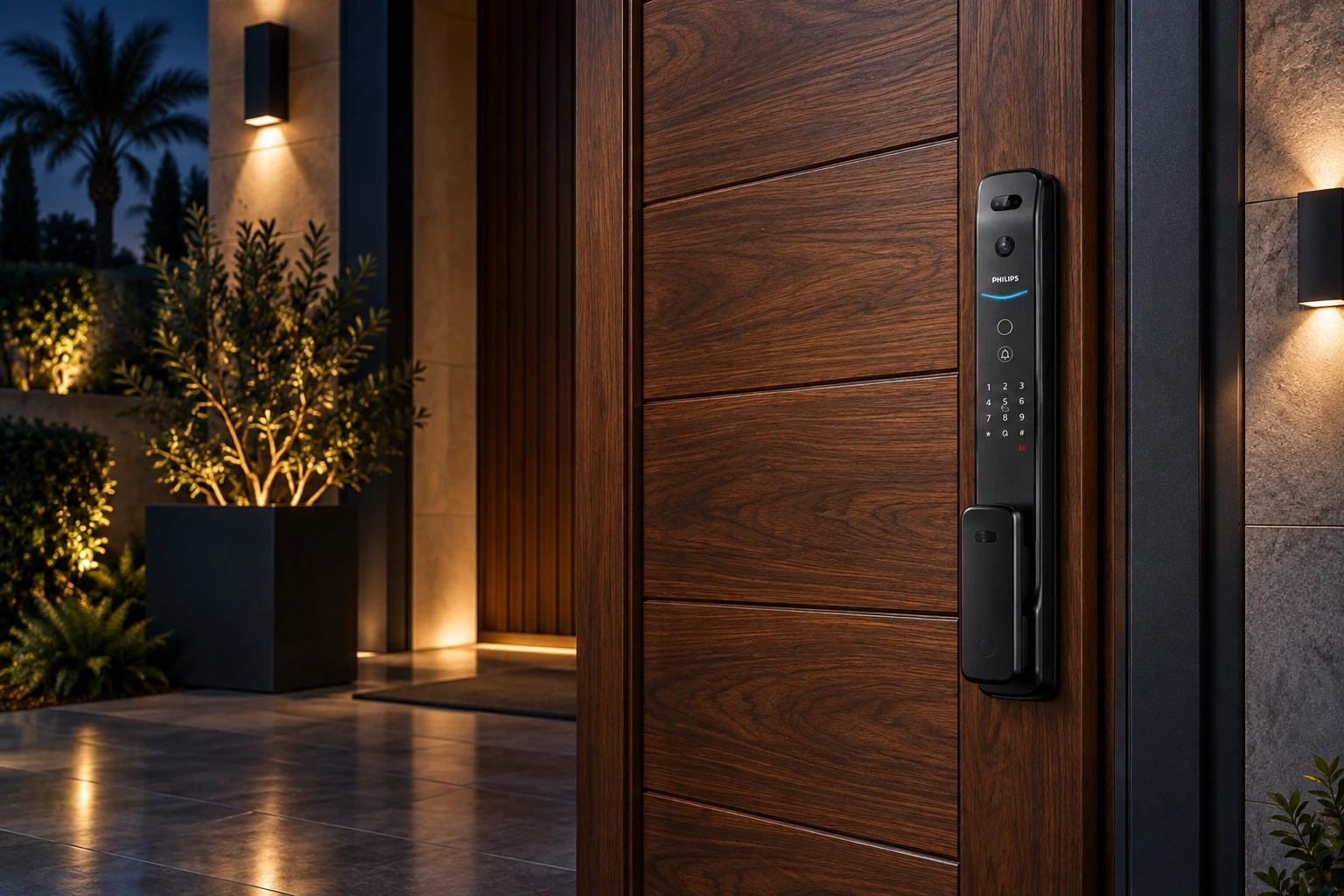 Philips DDL709 professionally mounted at the edge of a premium wooden entrance door