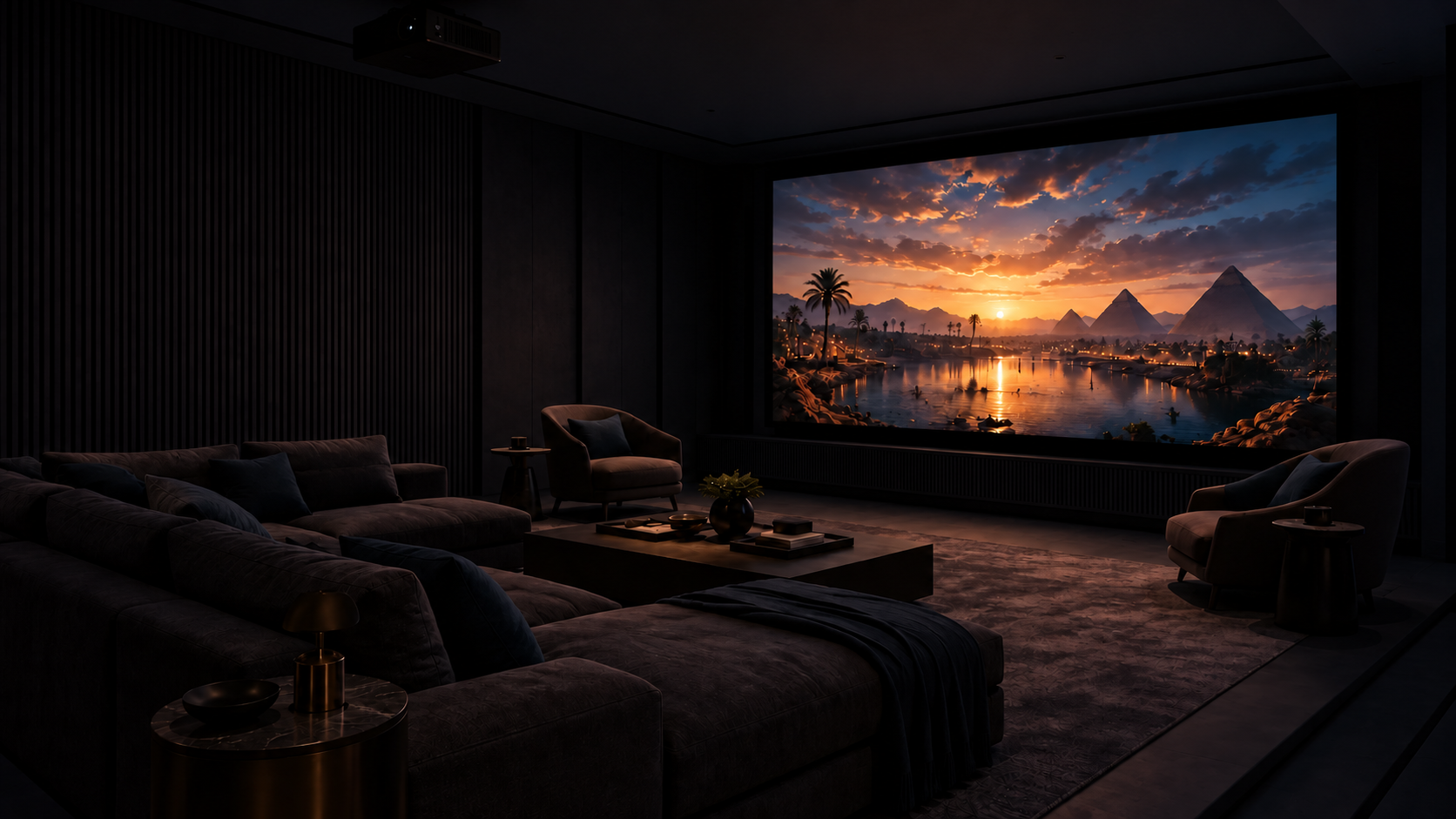 Home cinema with lights off and the movie screen on