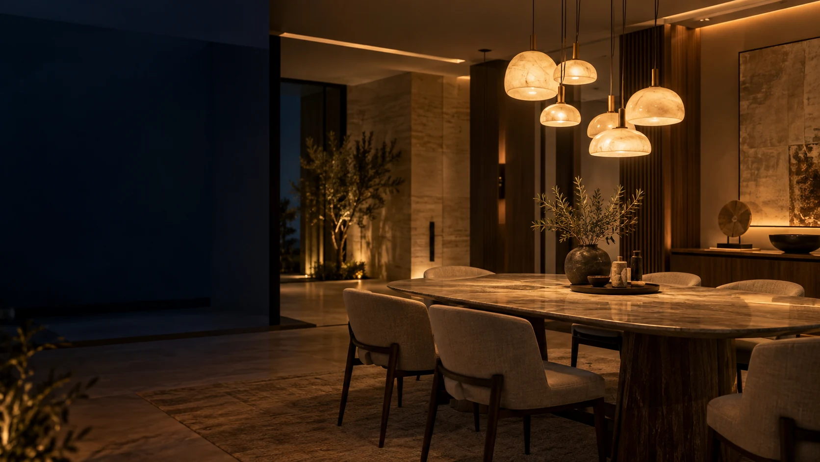 Warm pendant lighting over a marble dining table at night