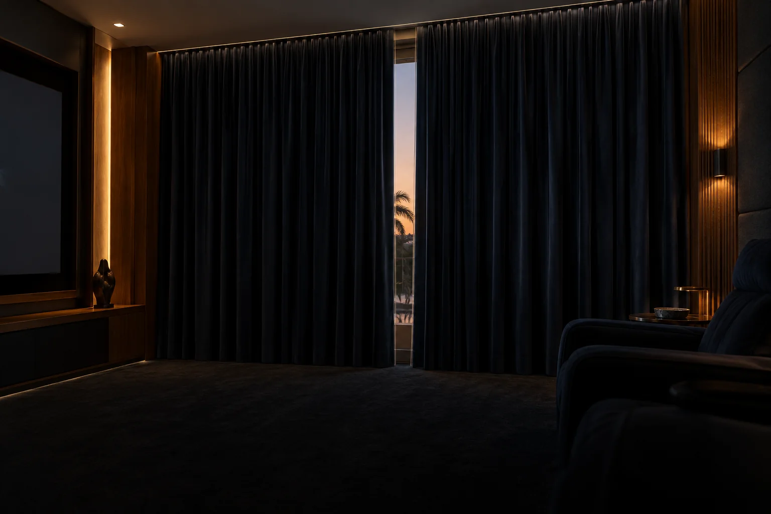 Dark curtains drawn in a warmly lit living room