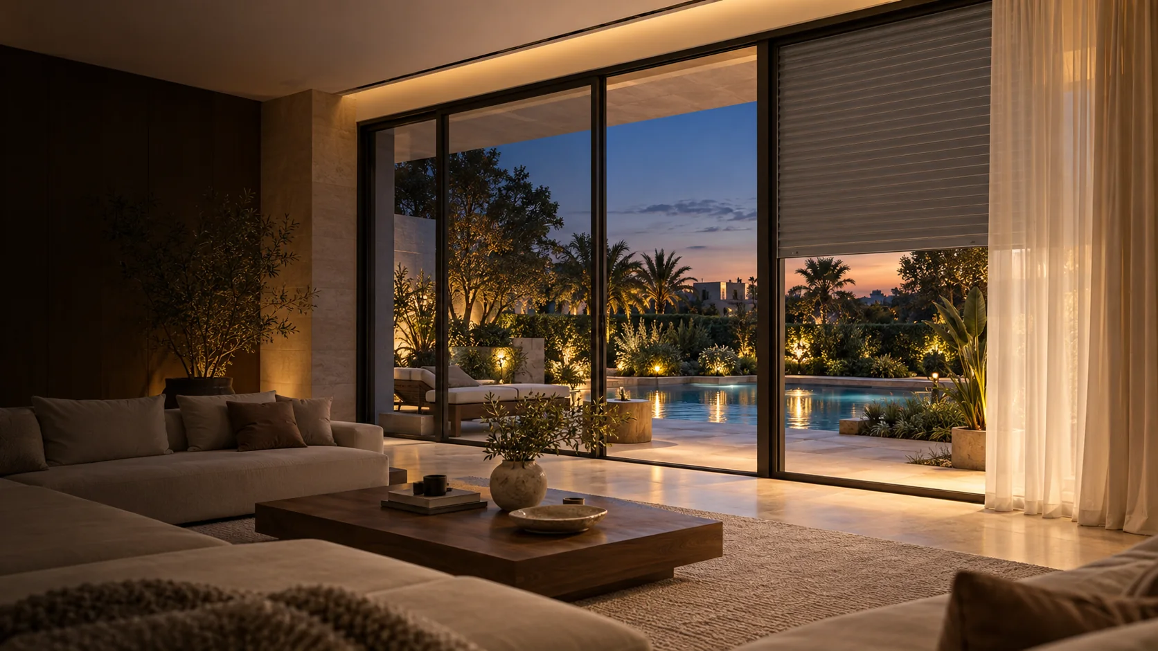 Egyptian villa living room with motorized shutter, curtains and pool view