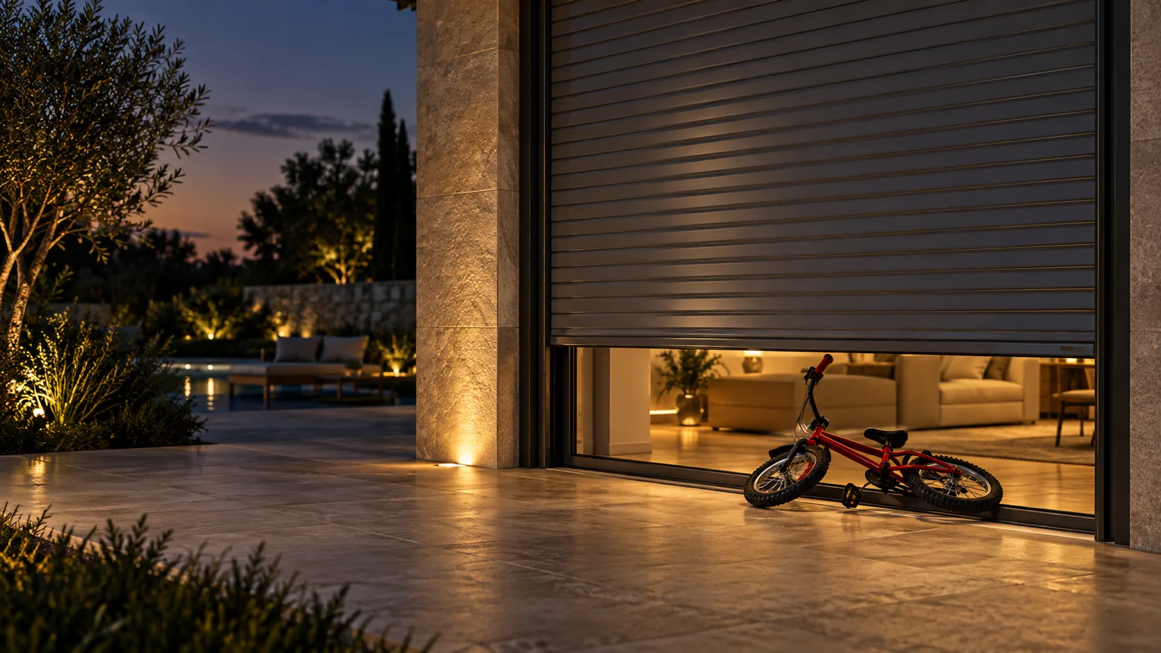 Illustration of a motorized shutter near a bicycle at a villa doorway