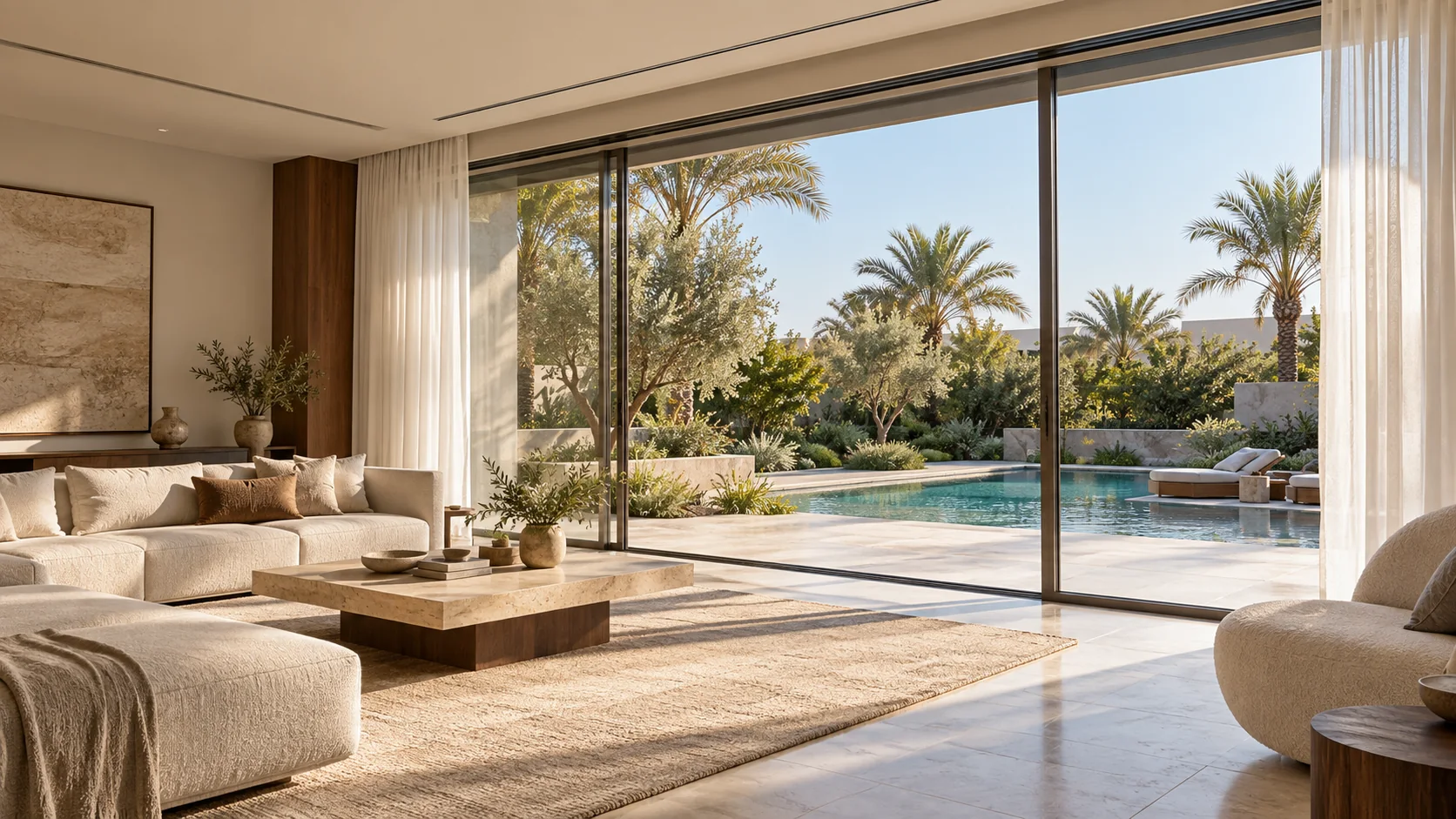 Bright living room with curtains open to the pool garden